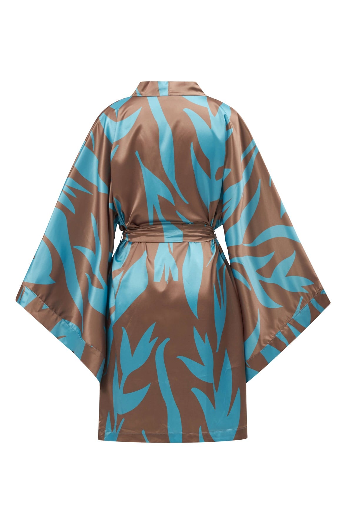 Peraluna KALİNDA KIMONO Desenli 90 CM Saten Yazlık Kadın Kimono Turkuaz/Kahve