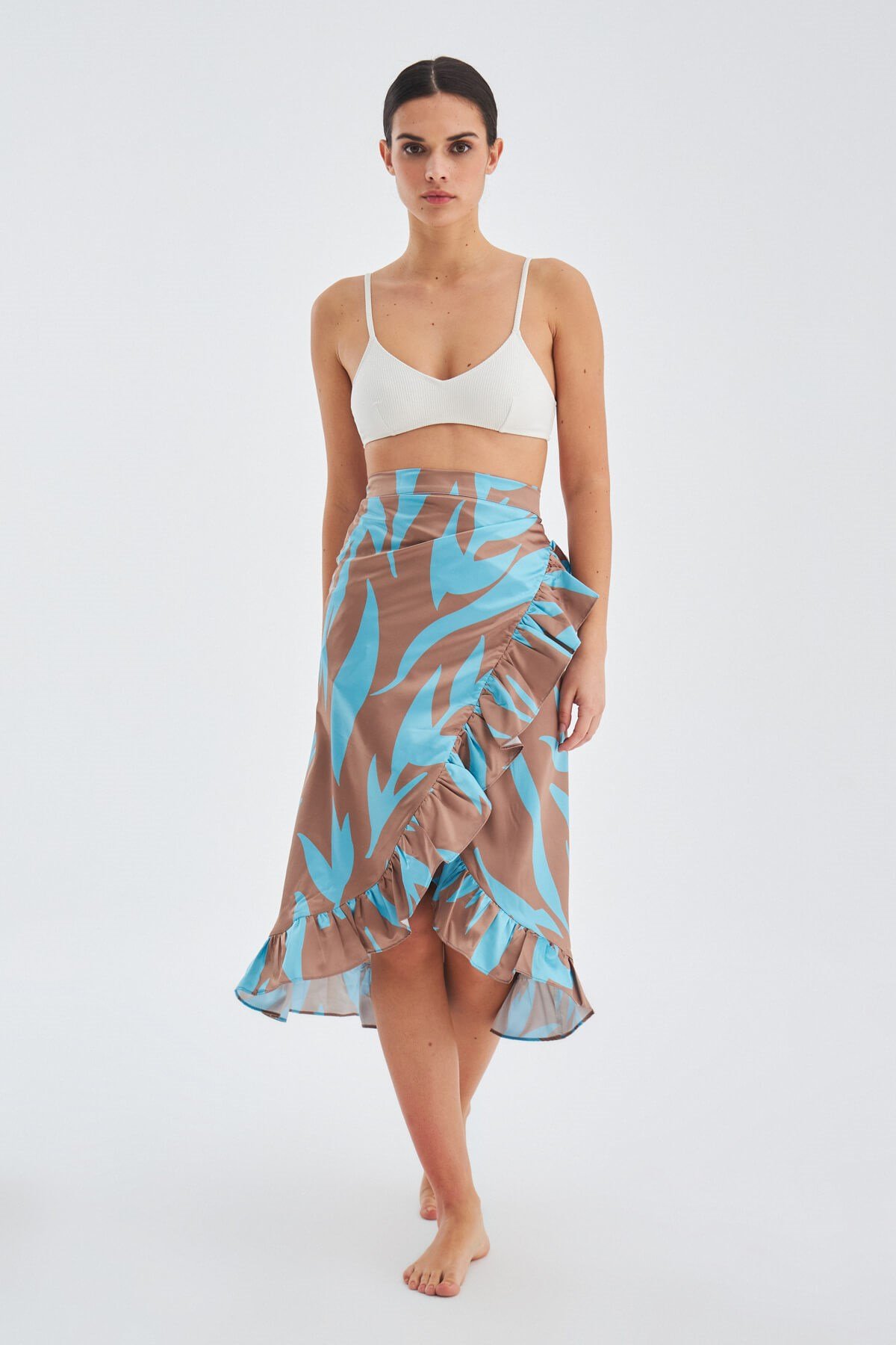 Peraluna KALINDA SKIRT Patterned Matte Textured Summer Ruffle Women's Pareo Skirt - Turquoise/Brown
