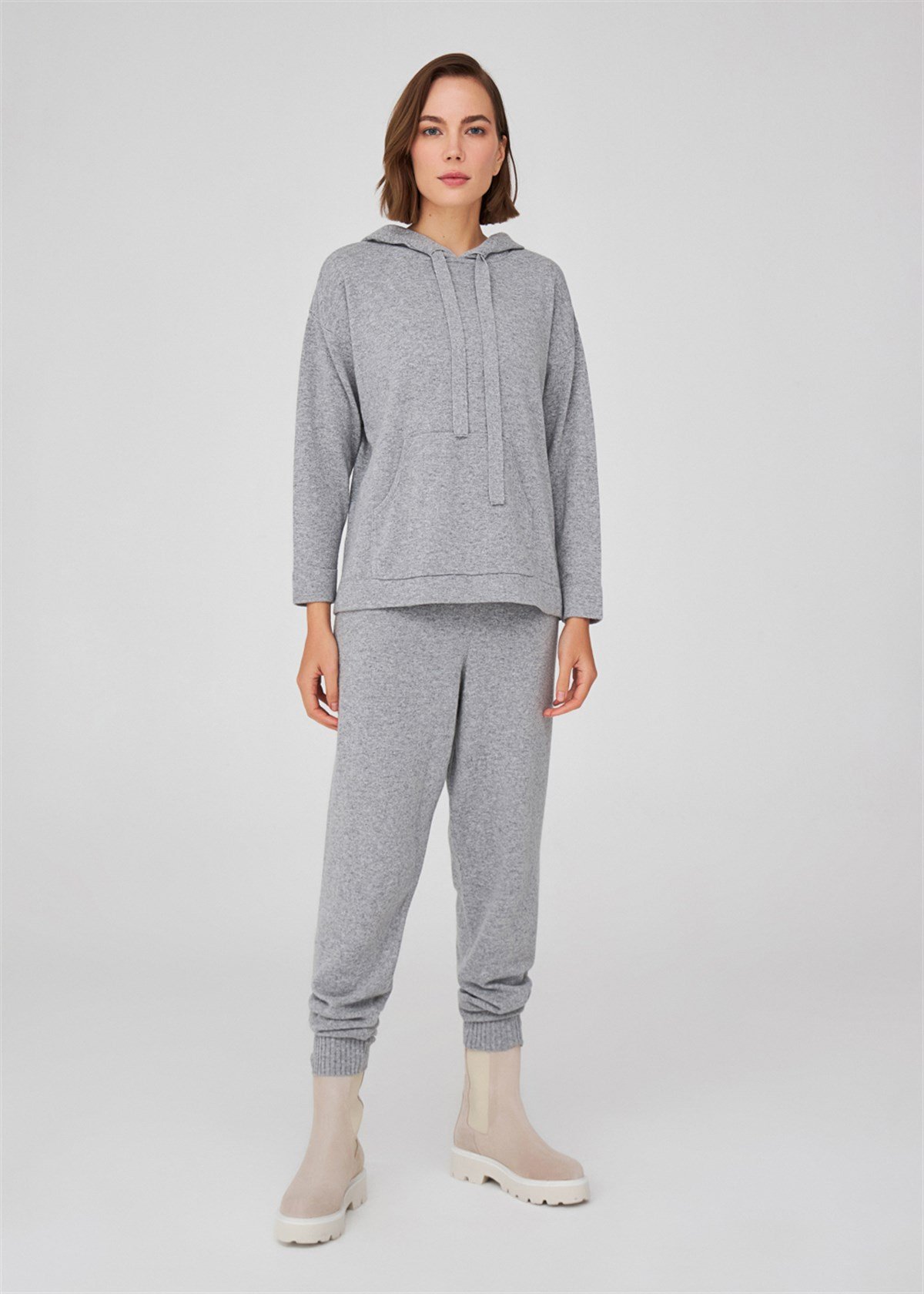 Peraluna Cashmere Blend Women's Knitwear Hoody Sweater - Grey Melange