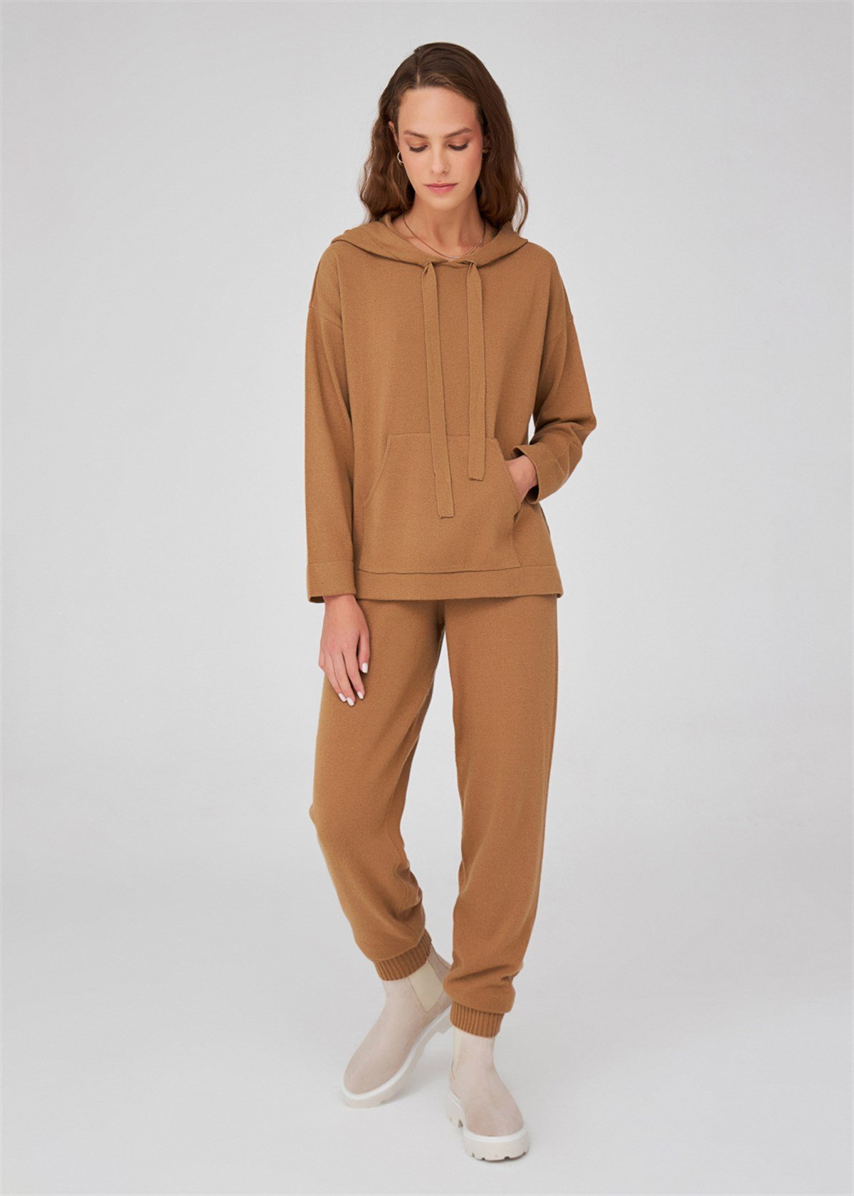 Peraluna Cashmere Blend Women's Knitwear Hoody Sweater - Camel