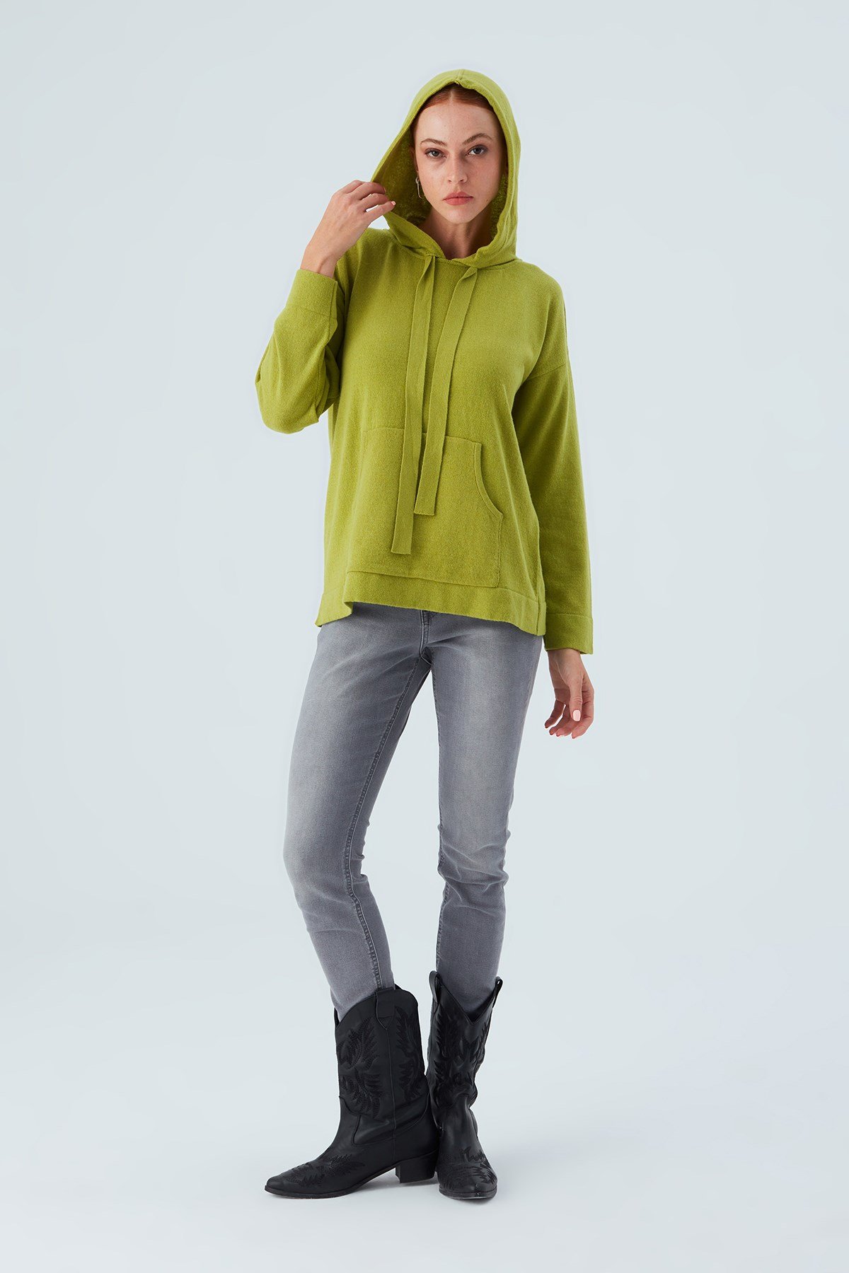 Peraluna Kaşmir Karışım Kapüşonlu Bol Kesim Kadın Triko Kazak Yeşil