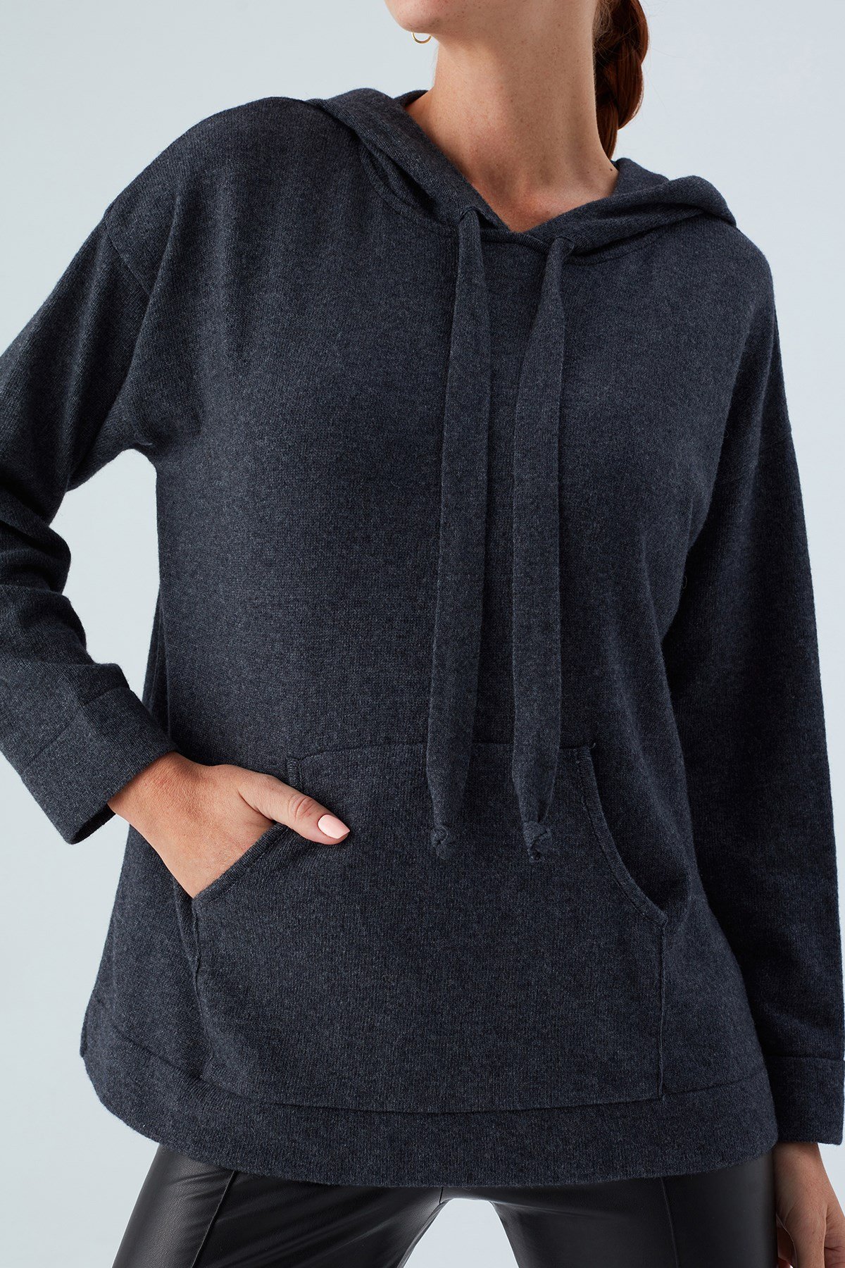 Peraluna Kaşmir Karışım Kapüşonlu Bol Kesim Kadın Triko Kazak Antrasit