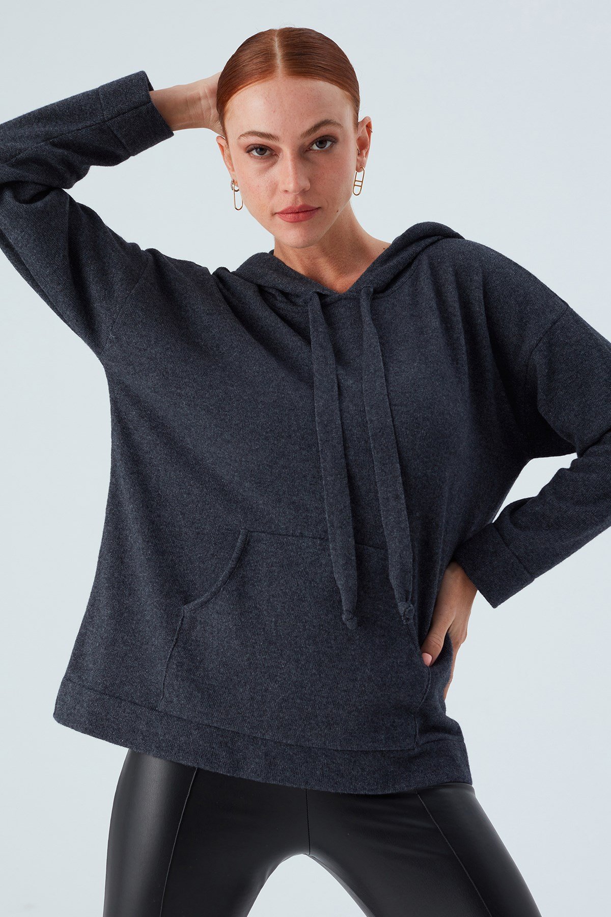 Peraluna Kaşmir Karışım Kapüşonlu Bol Kesim Kadın Triko Kazak Antrasit