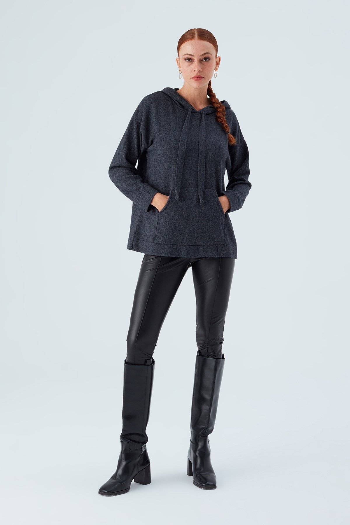 Peraluna Kaşmir Karışım Kapüşonlu Bol Kesim Kadın Triko Kazak Antrasit