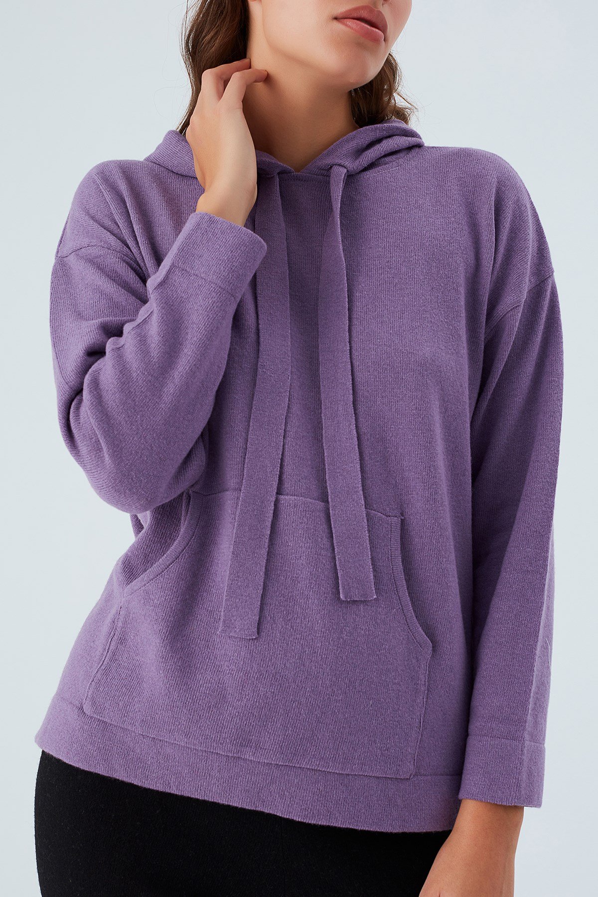 Peraluna Kaşmir Karışım Kapüşonlu Bol Kesim Kadın Triko Kazak Koyu Lila