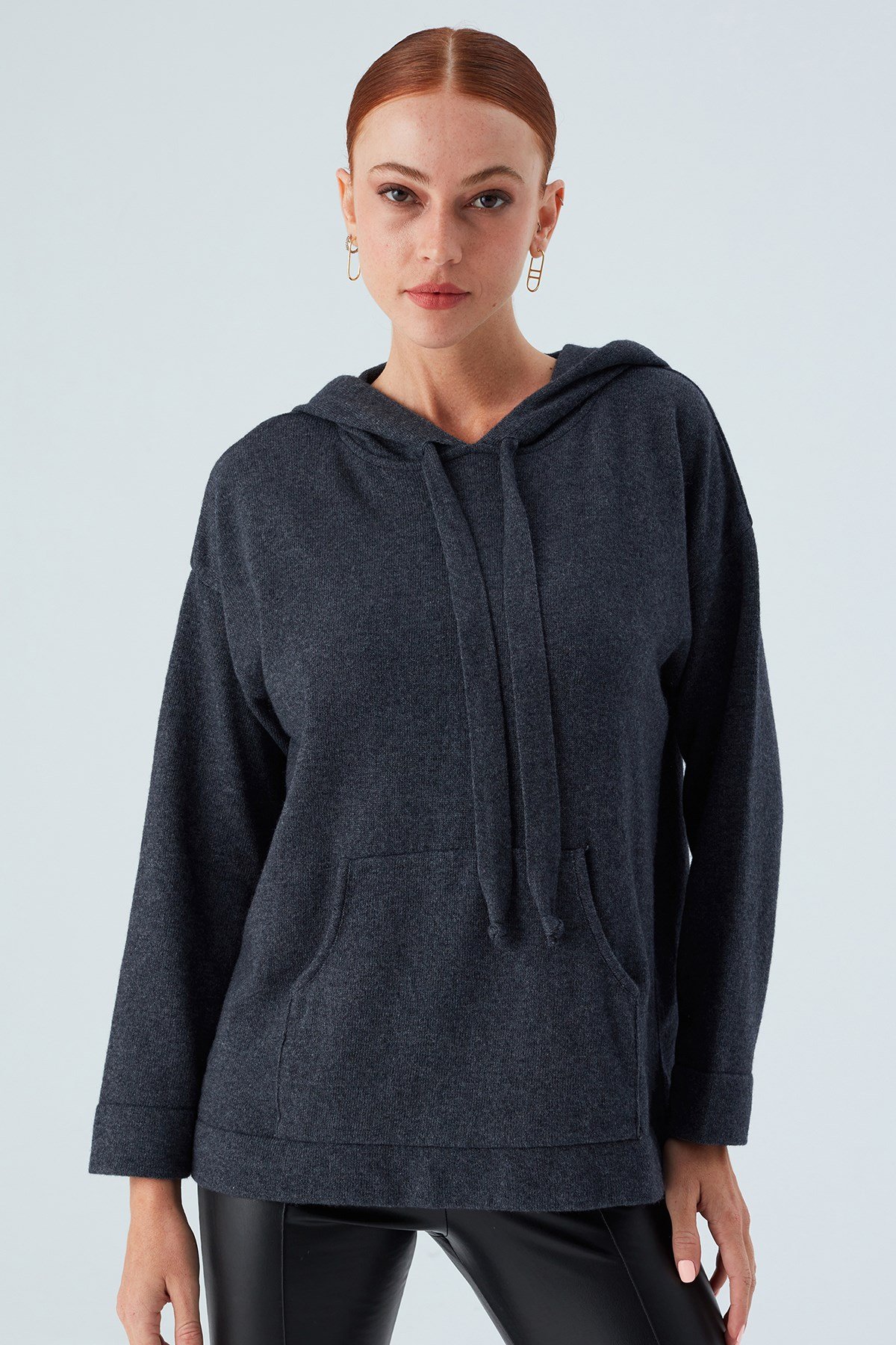 Peraluna Kaşmir Karışım Kapüşonlu Bol Kesim Kadın Triko Kazak Antrasit