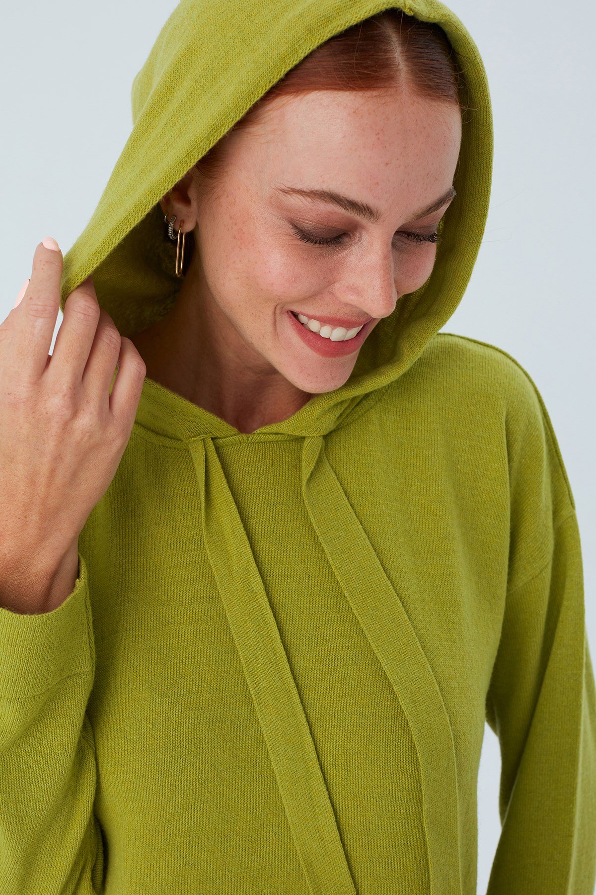 Peraluna Kaşmir Karışım Kapüşonlu Bol Kesim Kadın Triko Kazak Yeşil