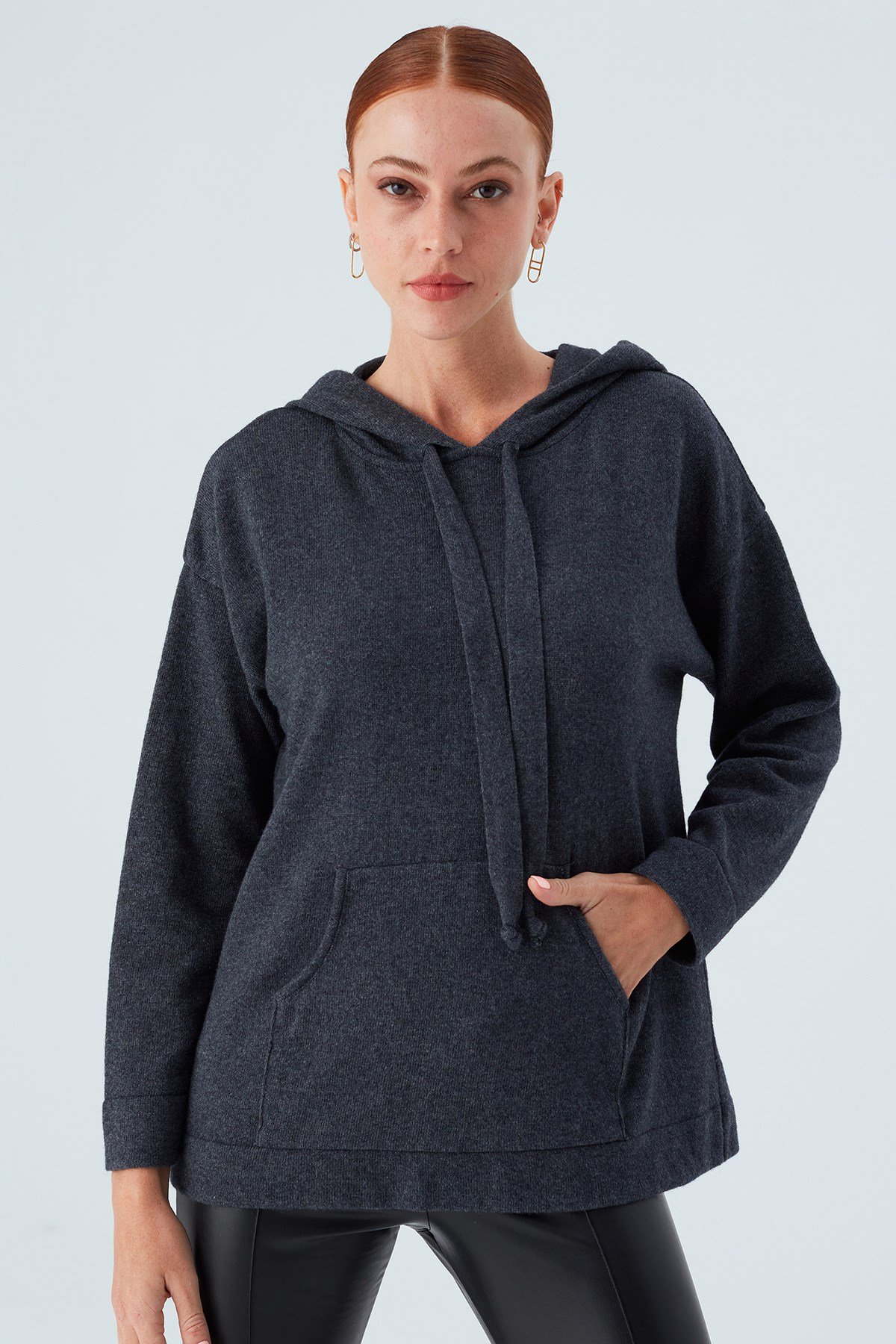 Peraluna Kaşmir Karışım Kapüşonlu Bol Kesim Kadın Triko Kazak Antrasit