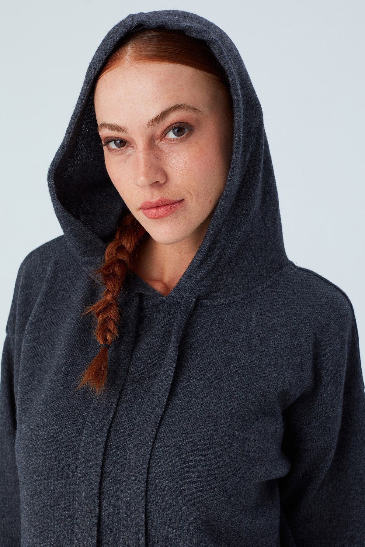 Peraluna Kaşmir Karışım Kapüşonlu Bol Kesim Kadın Triko Kazak Antrasit