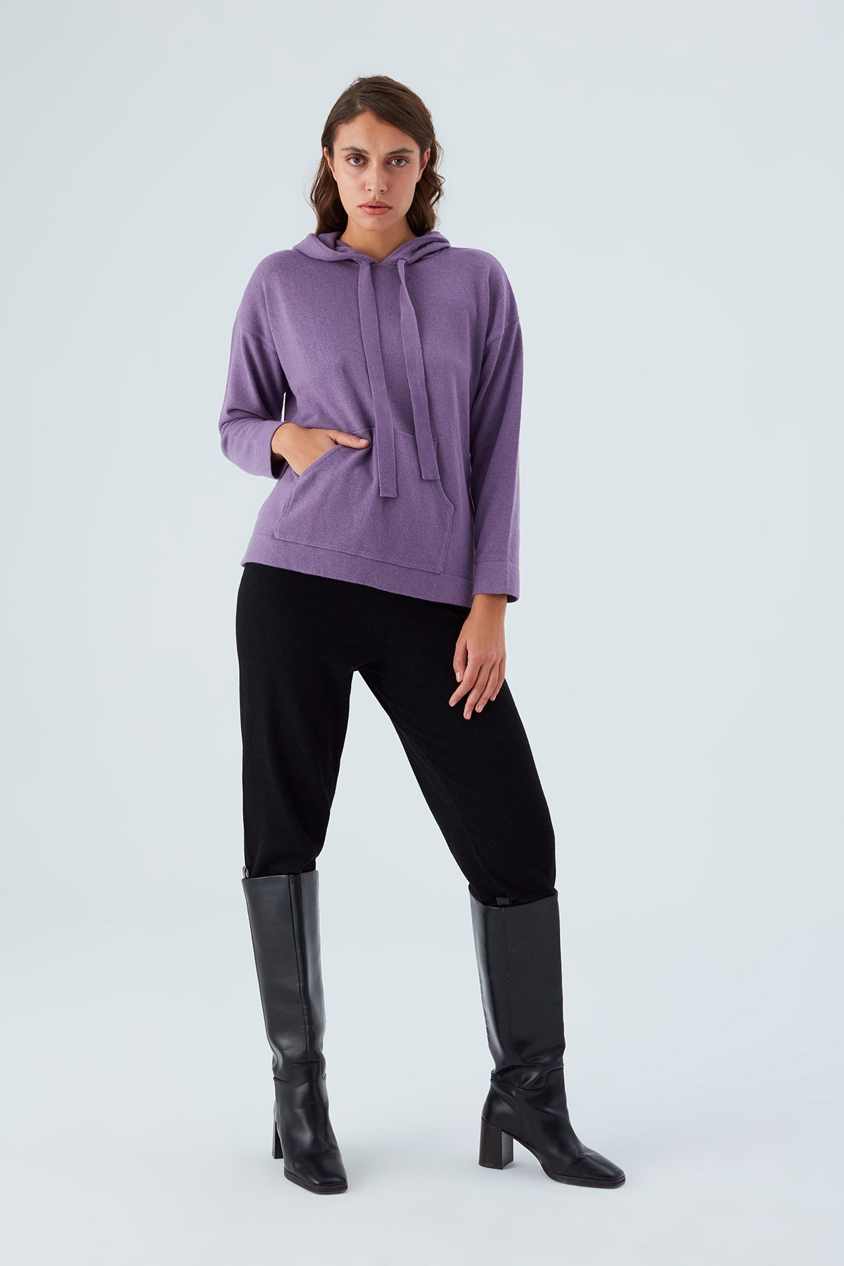 Peraluna Kaşmir Karışım Kapüşonlu Bol Kesim Kadın Triko Kazak Koyu Lila