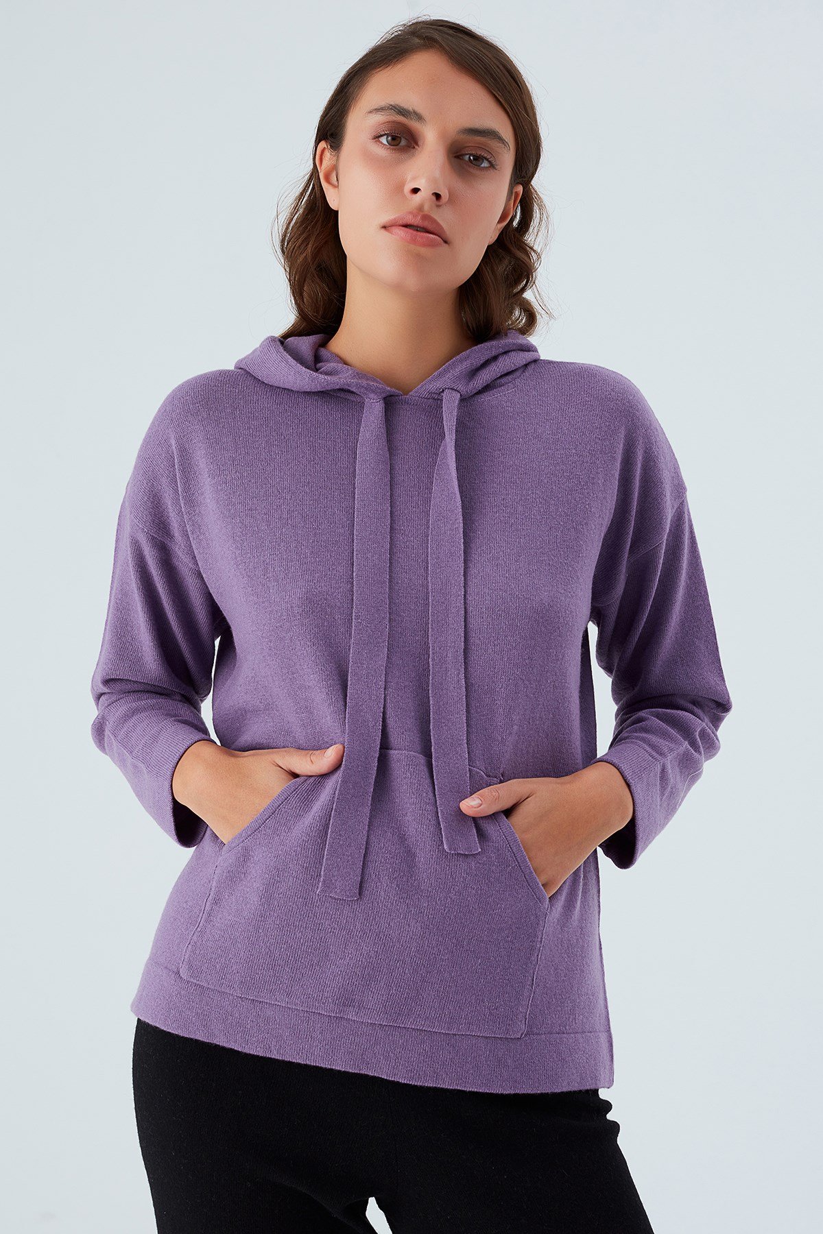 Peraluna Kaşmir Karışım Kapüşonlu Bol Kesim Kadın Triko Kazak Koyu Lila