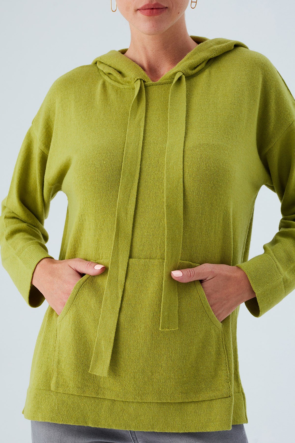 Peraluna Kaşmir Karışım Kapüşonlu Bol Kesim Kadın Triko Kazak Yeşil