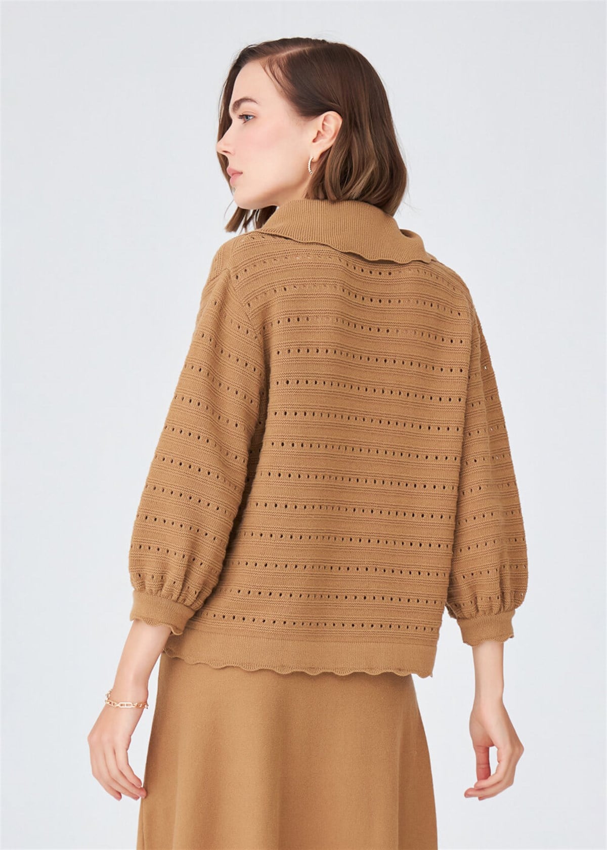 Peraluna Kaşmir Karışım Polo Yaka Bol Kesim Kadın Triko Hırka Camel
