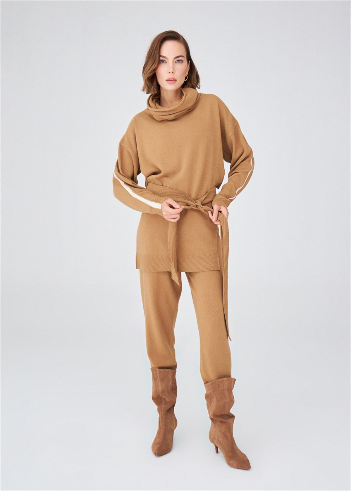 Peraluna Cowl Neck Cashmere Blend Long Belted Loose Cut Women Knitwear Sweater - Camel