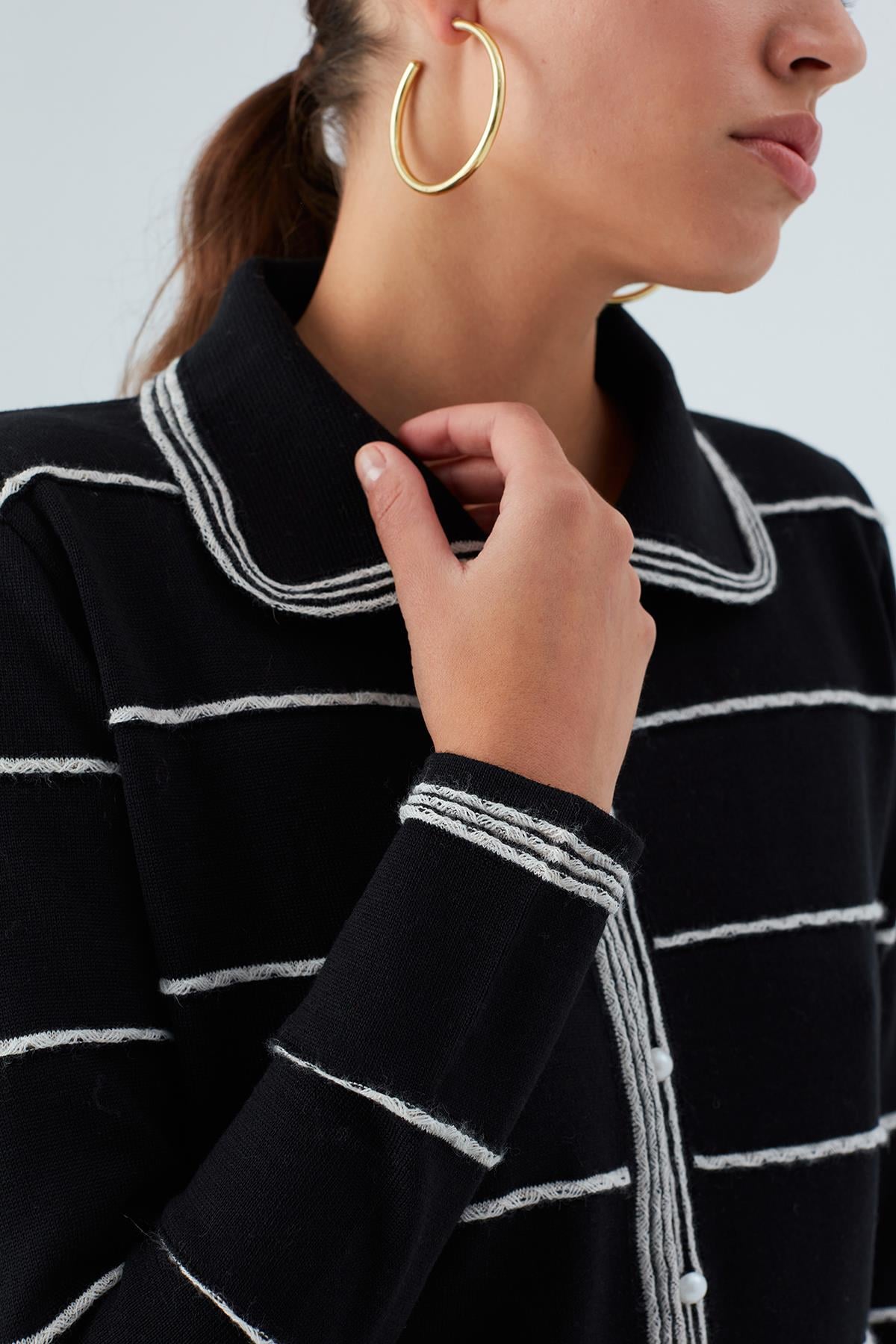 Peraluna KATE CARDIGAN İnci Düğmeli Klasik Kadın Triko Hırka Siyah/Ekru
