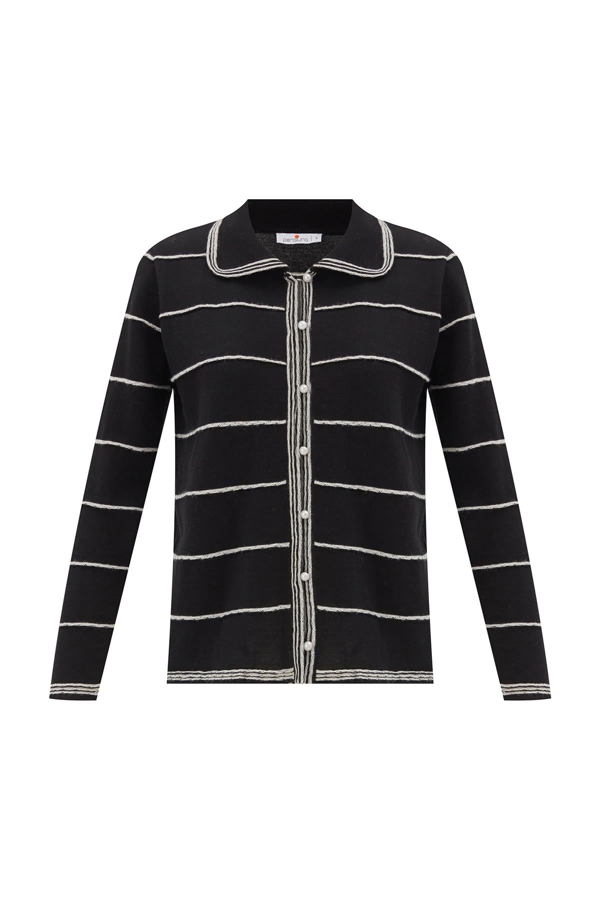 Peraluna KATE CARDIGAN İnci Düğmeli Klasik Kadın Triko Hırka Siyah/Ekru