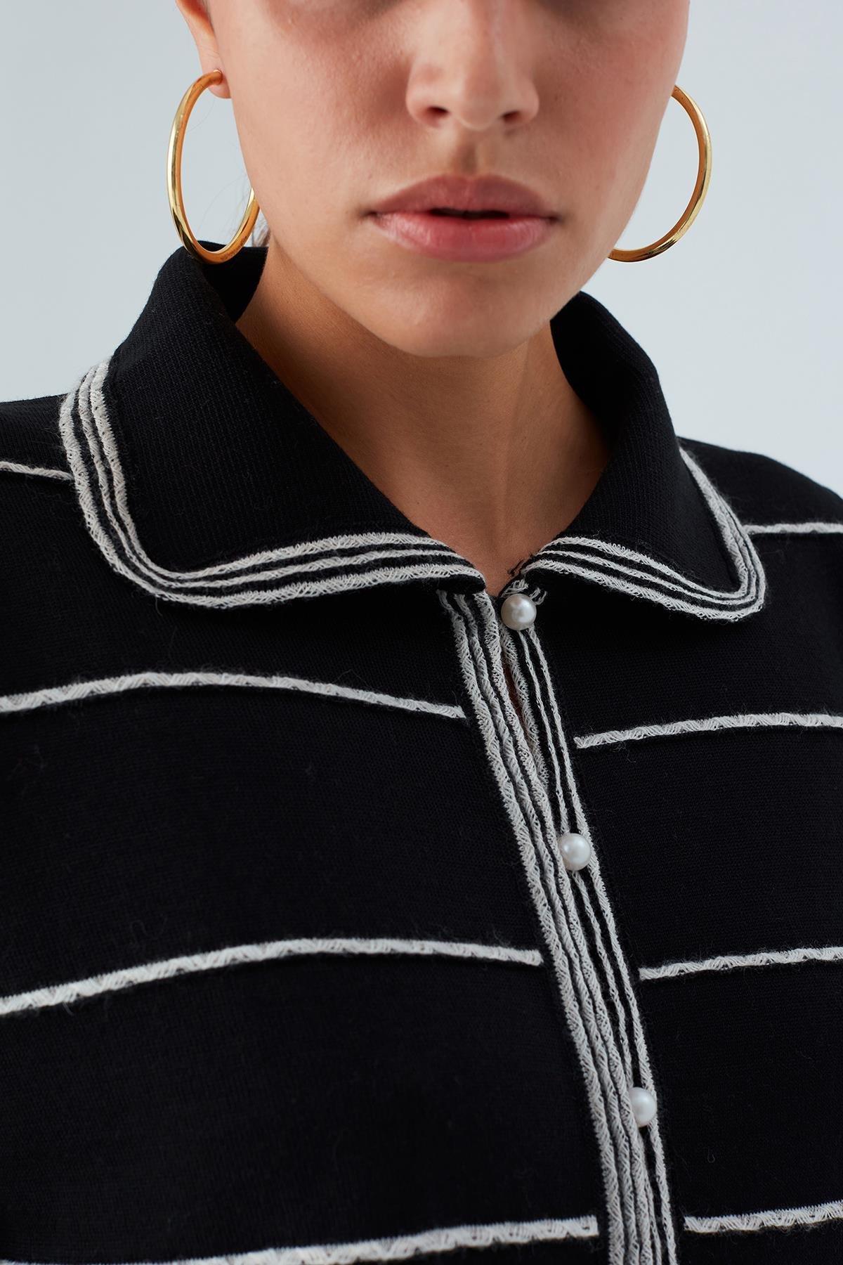 Peraluna KATE CARDIGAN İnci Düğmeli Klasik Kadın Triko Hırka Siyah/Ekru