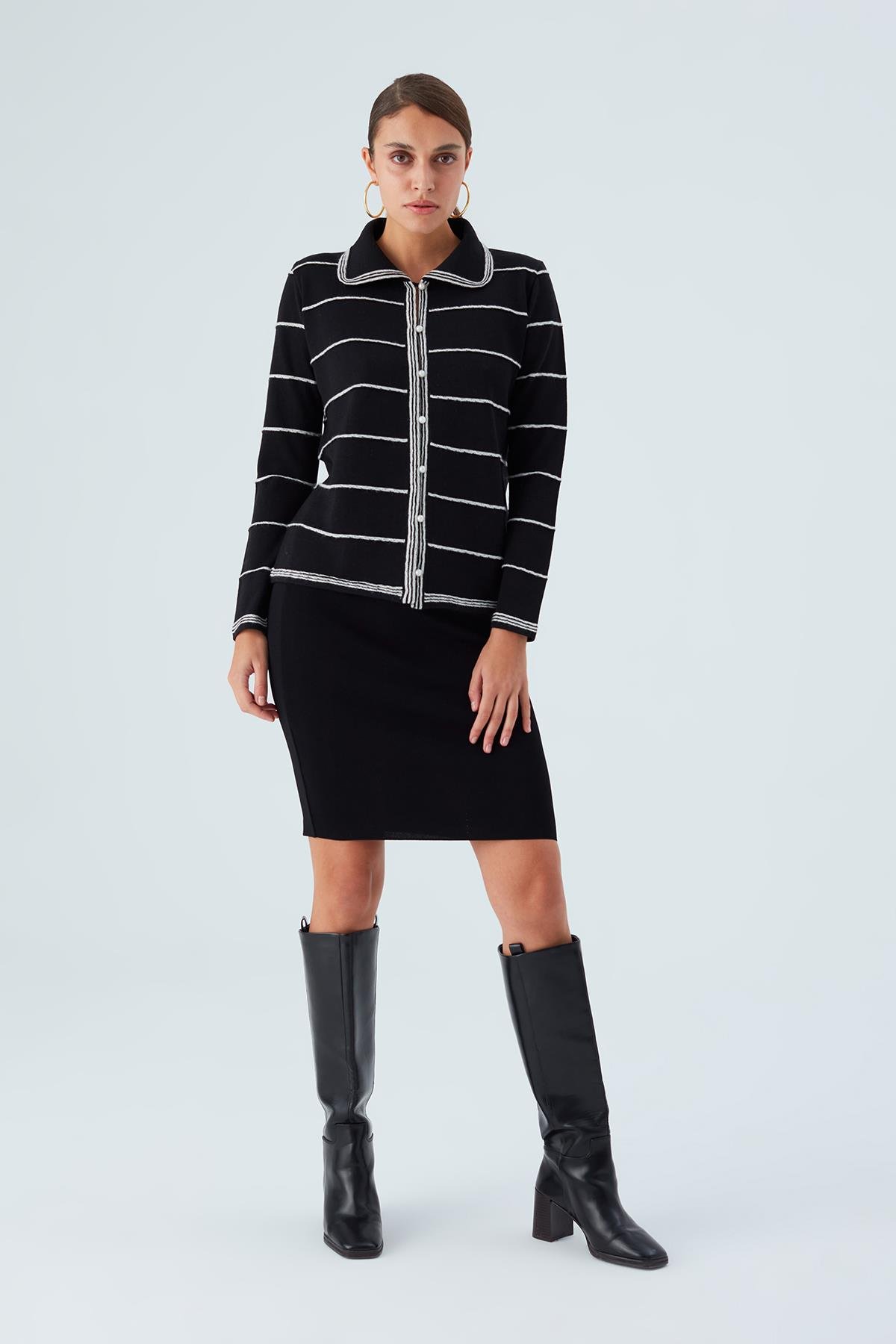 Peraluna KATE CARDIGAN İnci Düğmeli Klasik Kadın Triko Hırka Siyah/Ekru