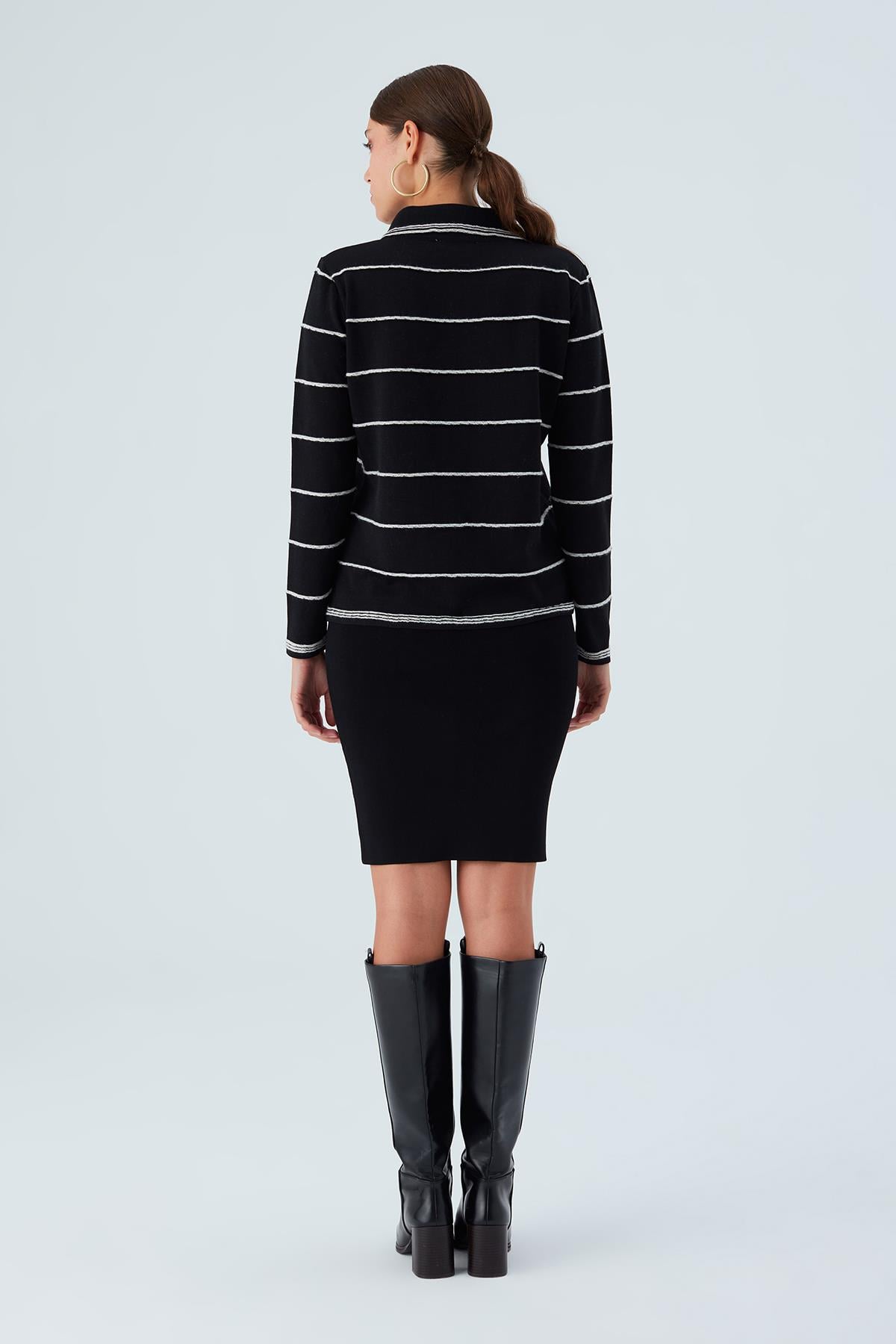 Peraluna KATE CARDIGAN İnci Düğmeli Klasik Kadın Triko Hırka Siyah/Ekru