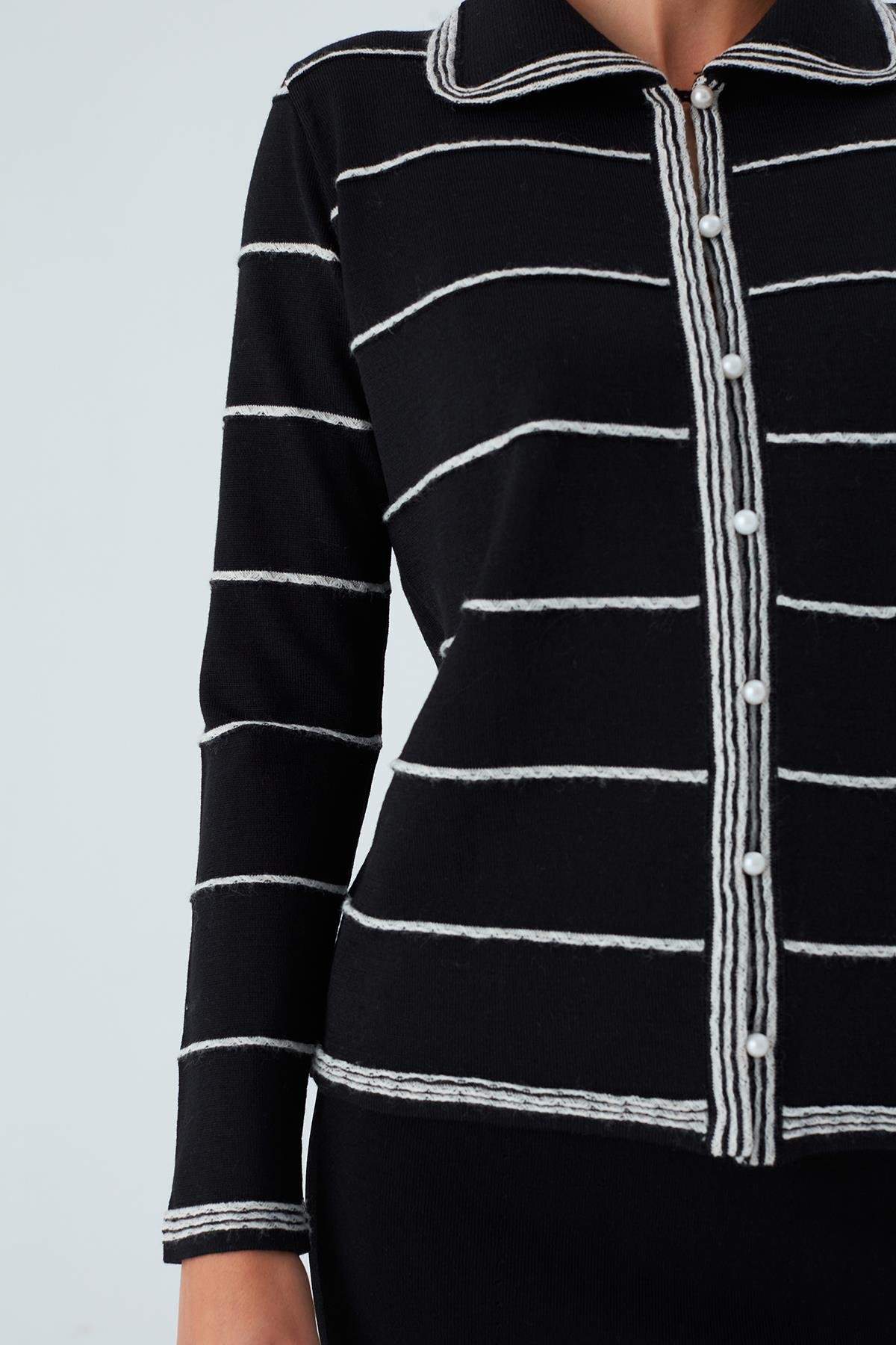 Peraluna KATE CARDIGAN İnci Düğmeli Klasik Kadın Triko Hırka Siyah/Ekru