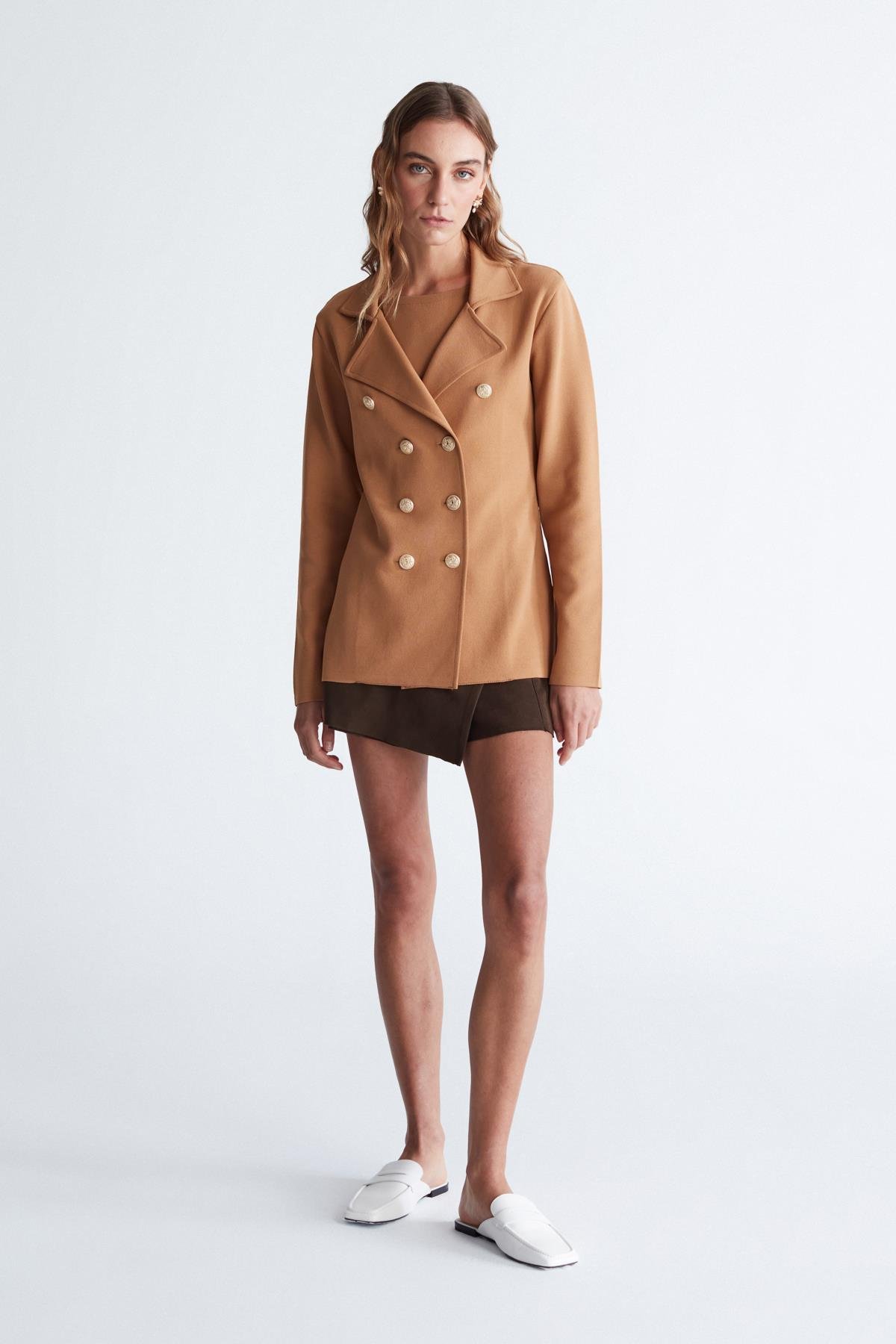 Peraluna KATHERINE BLAZER Çelik Örgü Klasik Kesim Düğmeli Blazer Kadın Triko Ceket Camel