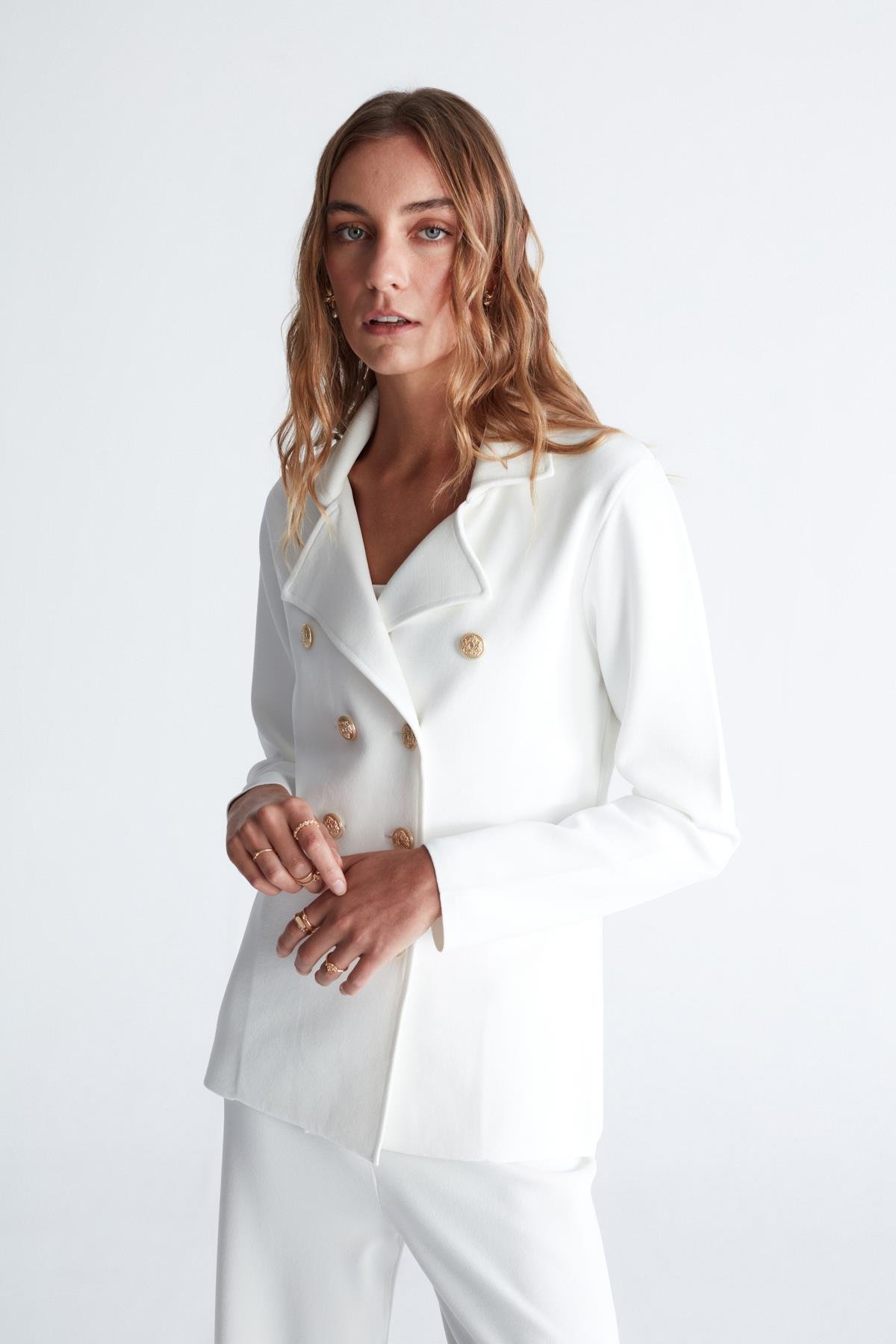 Peraluna KATHERINE BLAZER Çelik Örgü Klasik Kesim Düğmeli Blazer Kadın Triko Ceket Ekru