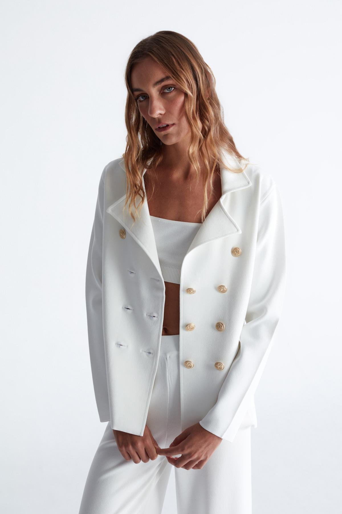 Peraluna KATHERINE BLAZER Çelik Örgü Klasik Kesim Düğmeli Blazer Kadın Triko Ceket Ekru