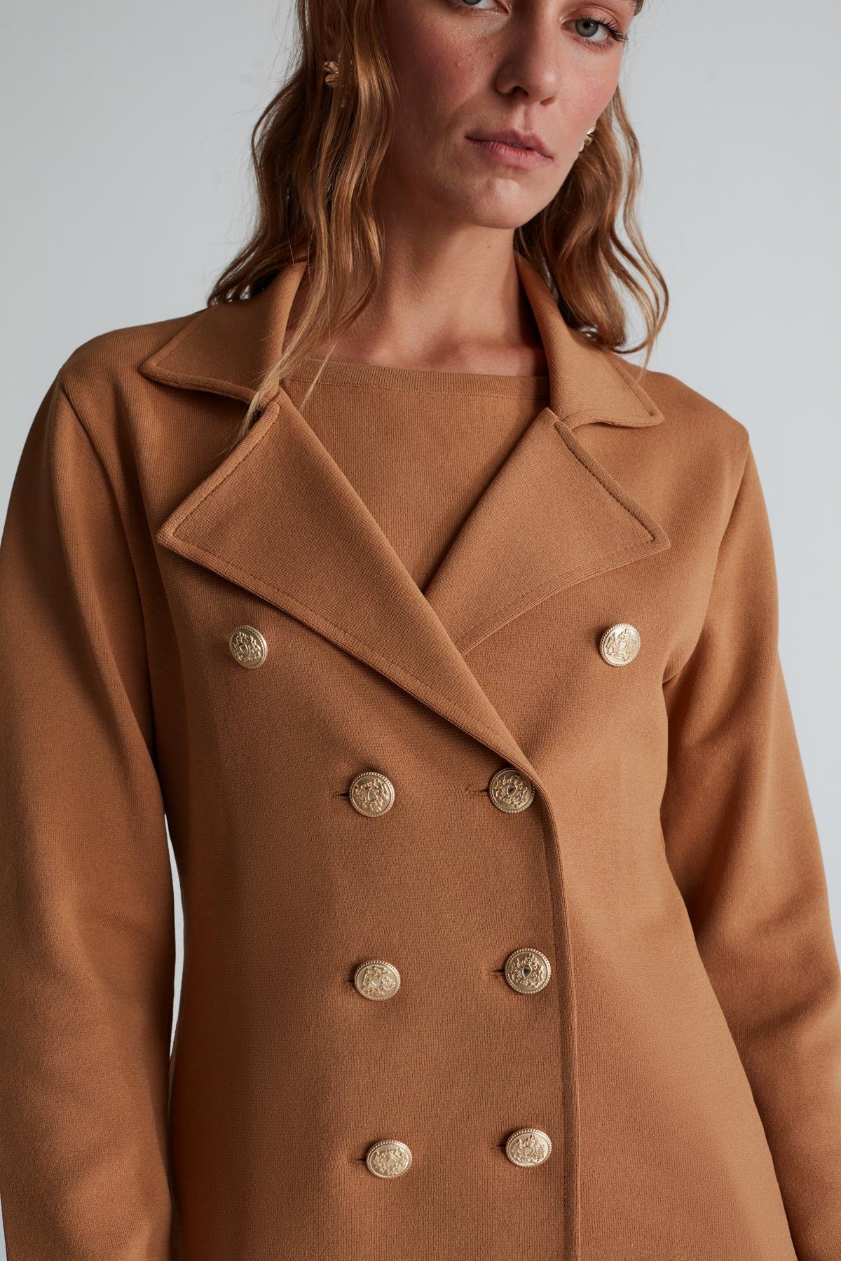 Peraluna KATHERINE BLAZER Çelik Örgü Klasik Kesim Düğmeli Blazer Kadın Triko Ceket Camel