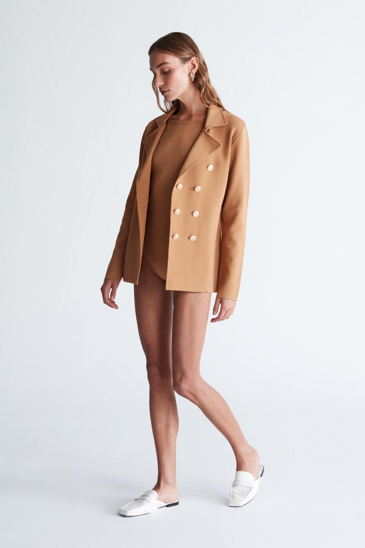 Peraluna KATHERINE BLAZER Çelik Örgü Klasik Kesim Düğmeli Blazer Kadın Triko Ceket Camel