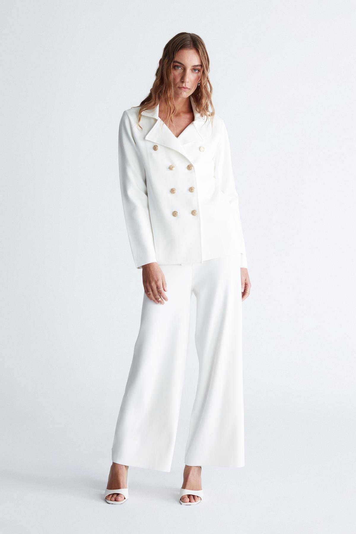 Peraluna KATHERINE BLAZER Çelik Örgü Klasik Kesim Düğmeli Blazer Kadın Triko Ceket Ekru