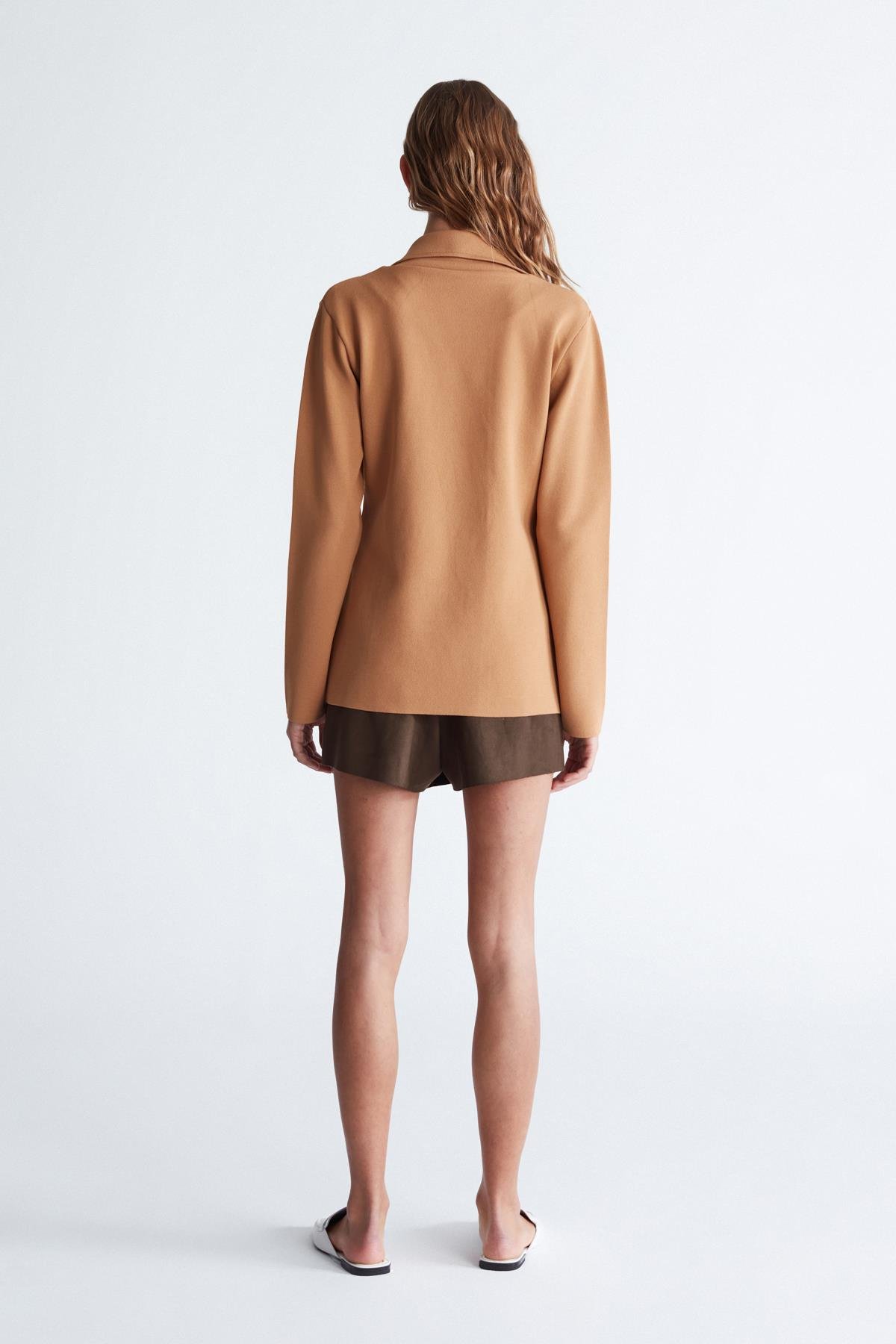 Peraluna KATHERINE BLAZER Çelik Örgü Klasik Kesim Düğmeli Blazer Kadın Triko Ceket Camel