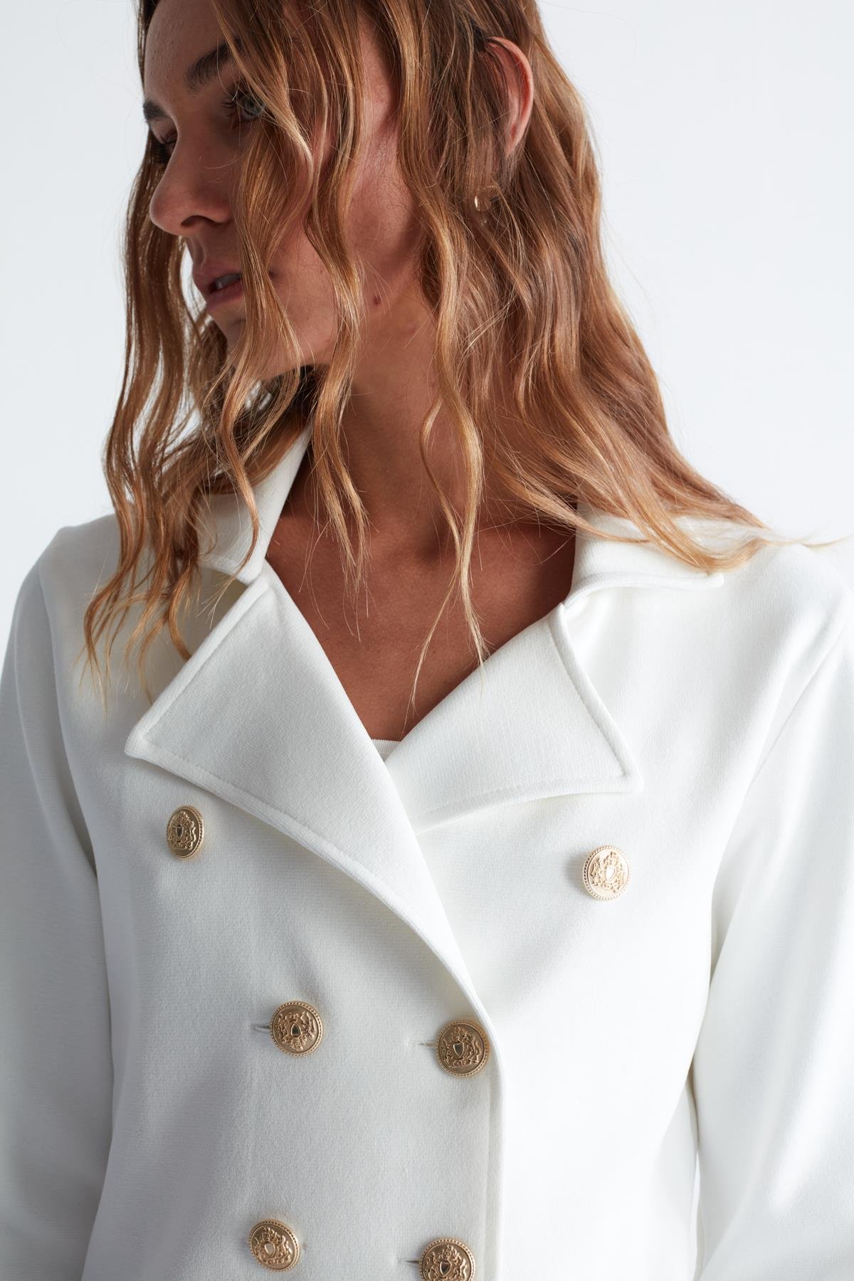 Peraluna KATHERINE BLAZER Çelik Örgü Klasik Kesim Düğmeli Blazer Kadın Triko Ceket Ekru