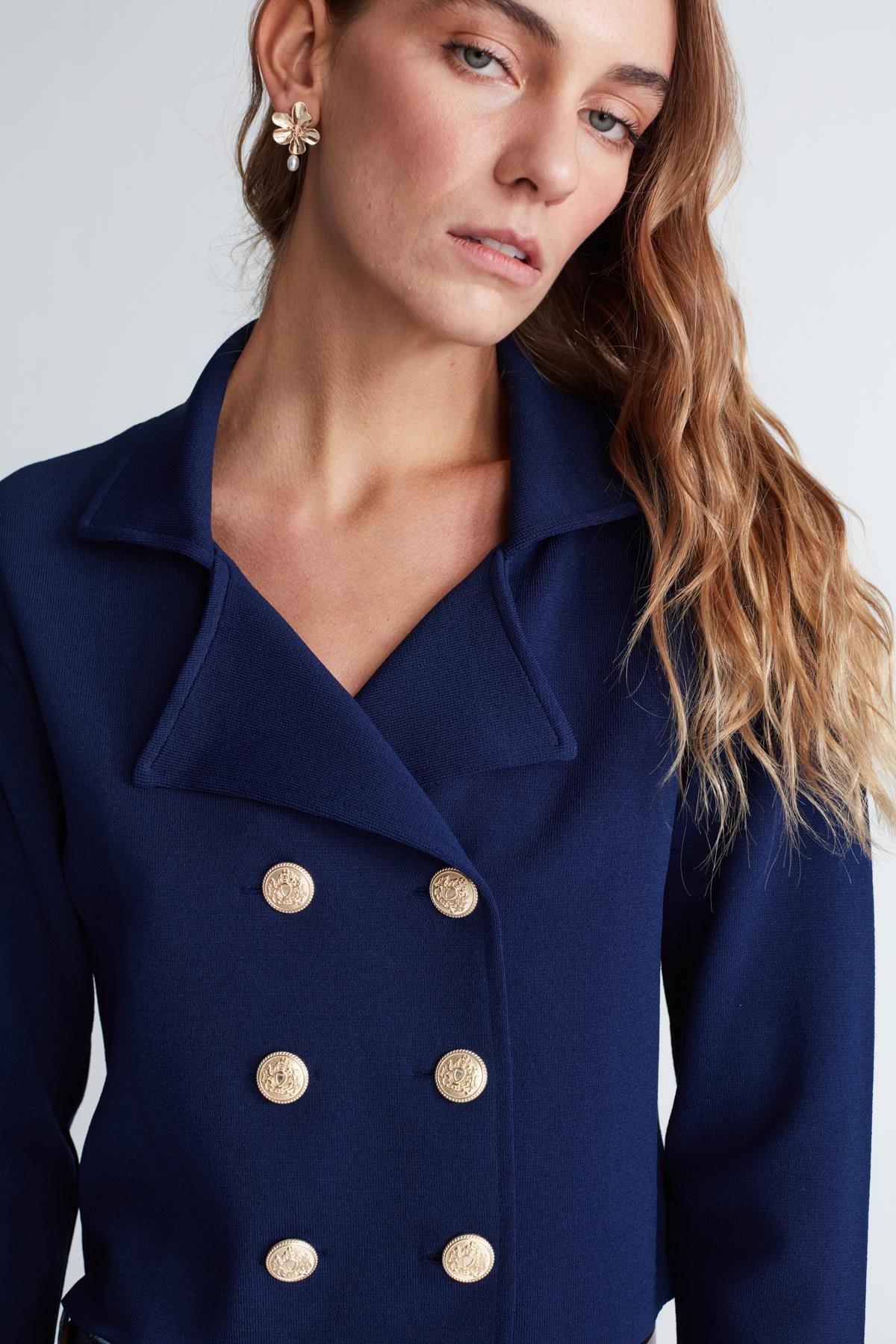 Peraluna KATHY BLAZER Çelik Örgü Crop Kruvaze Blazer Kadın Triko Ceket Lacivert