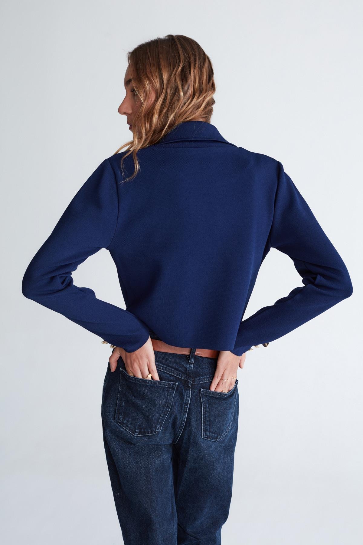 Peraluna KATHY BLAZER Çelik Örgü Crop Kruvaze Blazer Kadın Triko Ceket Lacivert