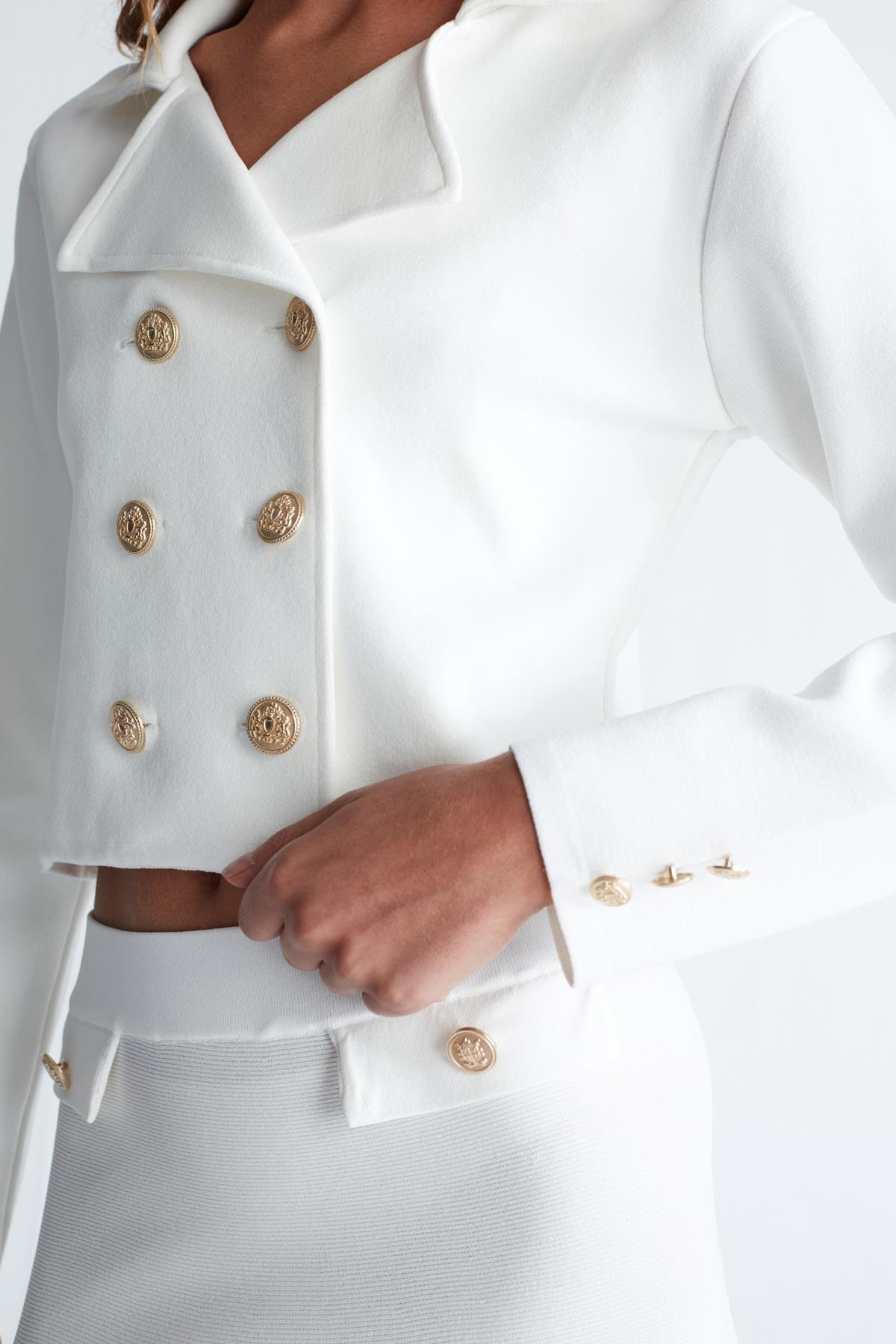 Peraluna KATHY BLAZER Çelik Örgü Crop Kruvaze Blazer Kadın Triko Ceket Ekru