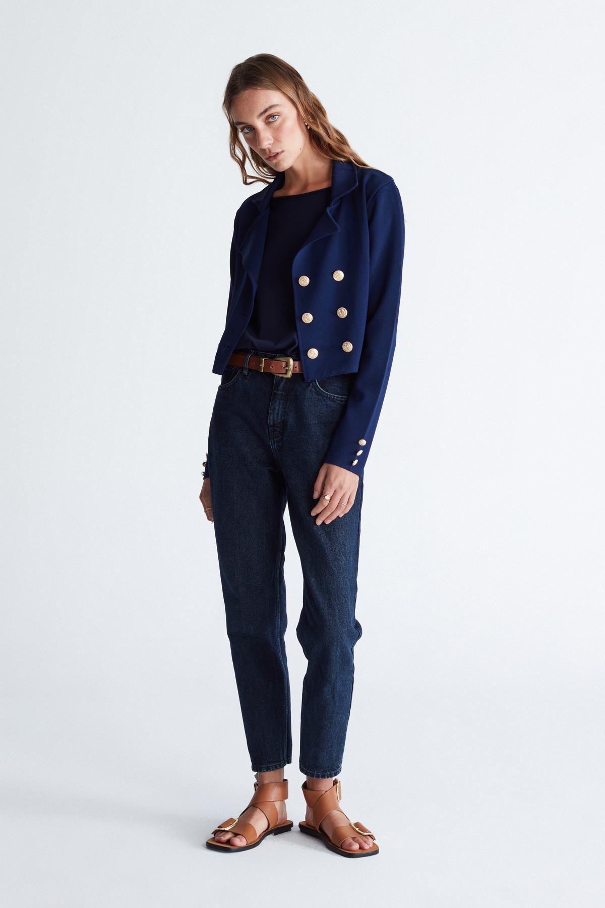 Peraluna KATHY BLAZER Çelik Örgü Crop Kruvaze Blazer Kadın Triko Ceket Lacivert