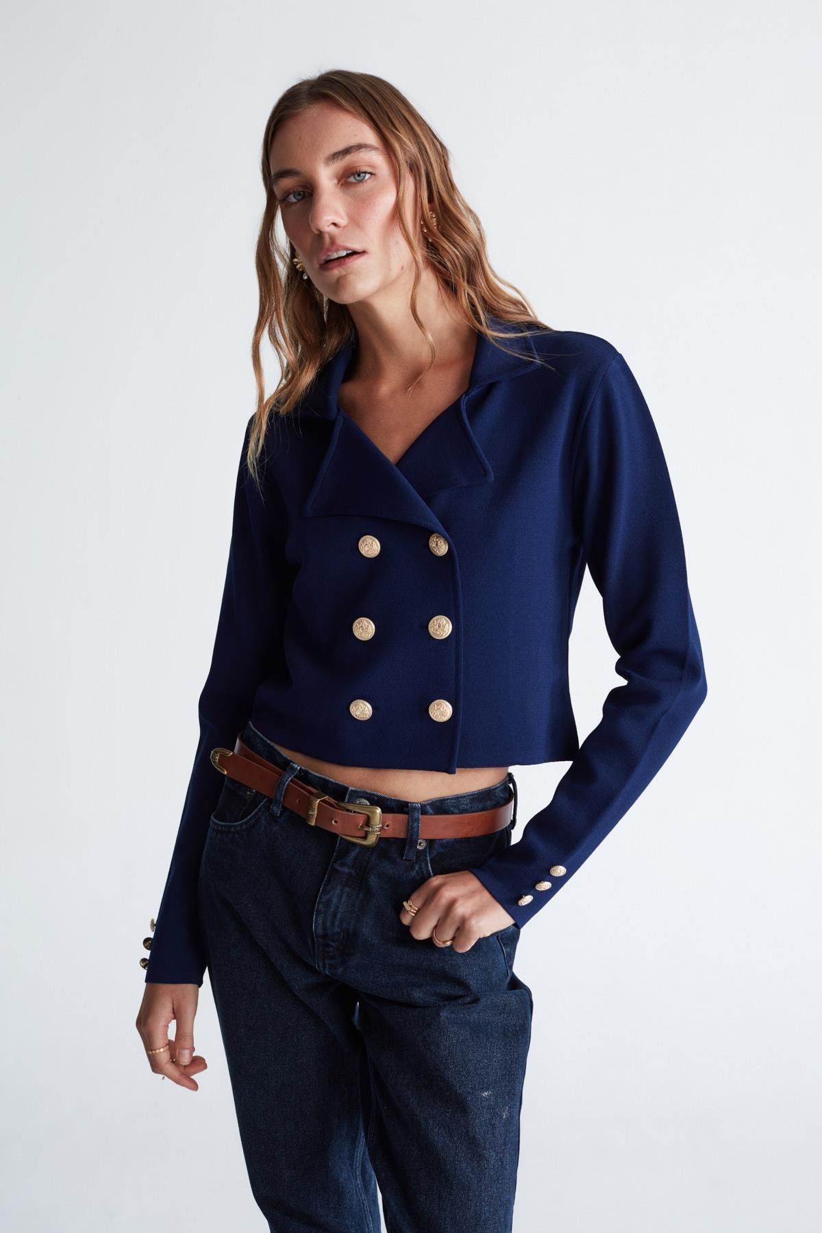 Peraluna KATHY BLAZER Çelik Örgü Crop Kruvaze Blazer Kadın Triko Ceket Lacivert