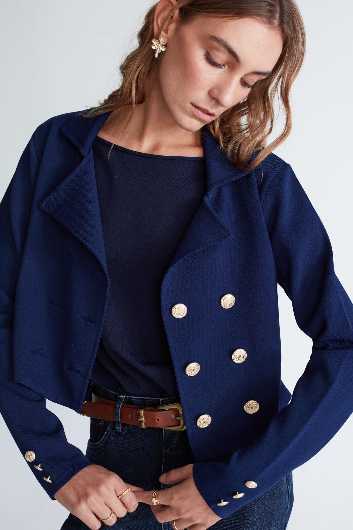 Peraluna KATHY BLAZER Çelik Örgü Crop Kruvaze Blazer Kadın Triko Ceket Lacivert