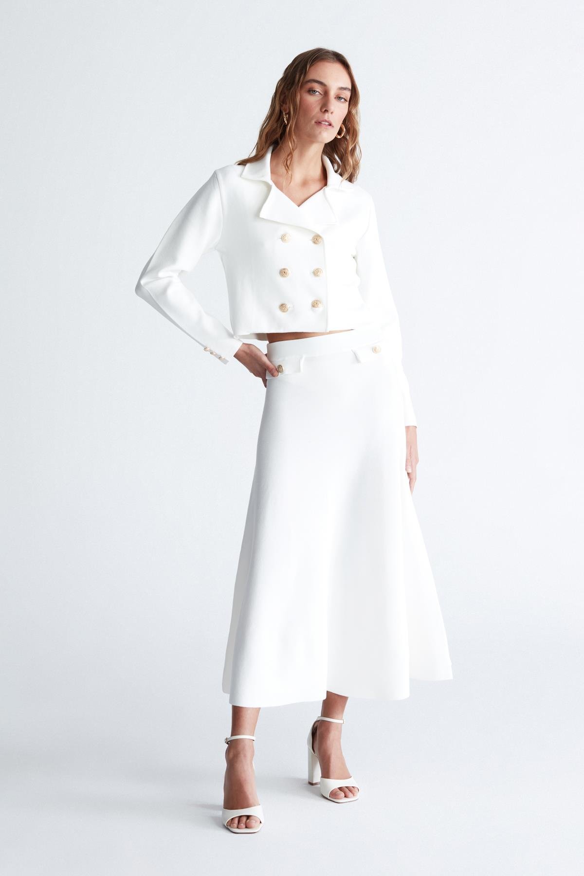 Peraluna KATHY BLAZER Çelik Örgü Crop Kruvaze Blazer Kadın Triko Ceket Ekru