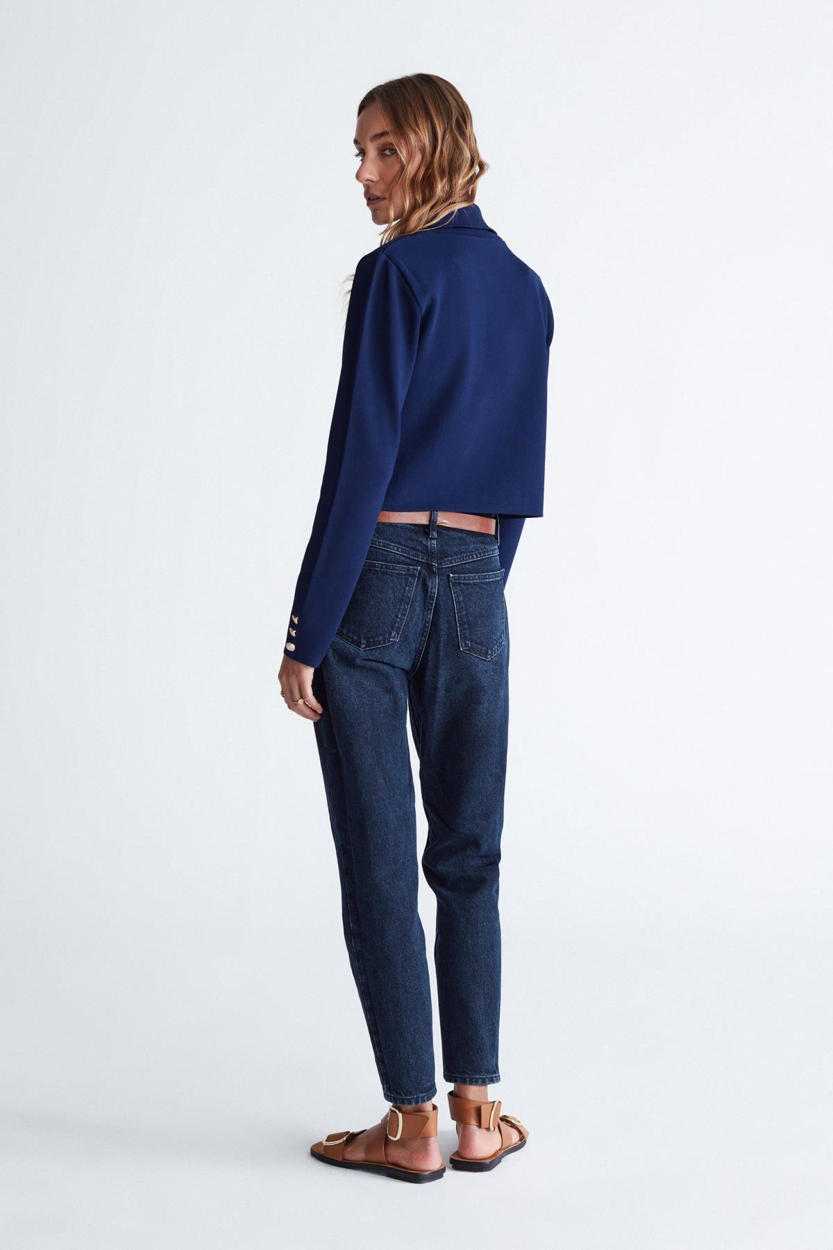 Peraluna KATHY BLAZER Çelik Örgü Crop Kruvaze Blazer Kadın Triko Ceket Lacivert