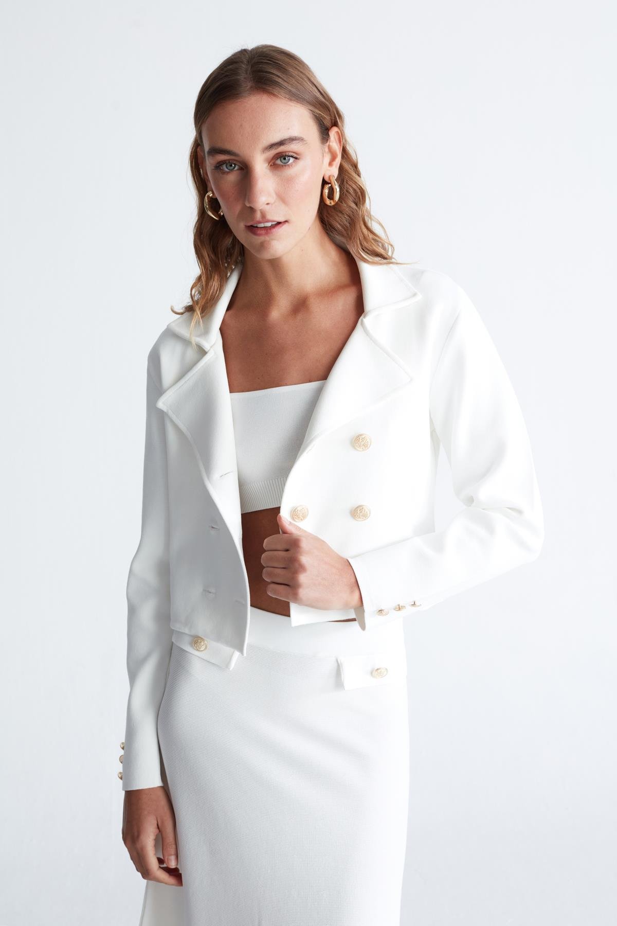 Peraluna KATHY BLAZER Çelik Örgü Crop Kruvaze Blazer Kadın Triko Ceket Ekru