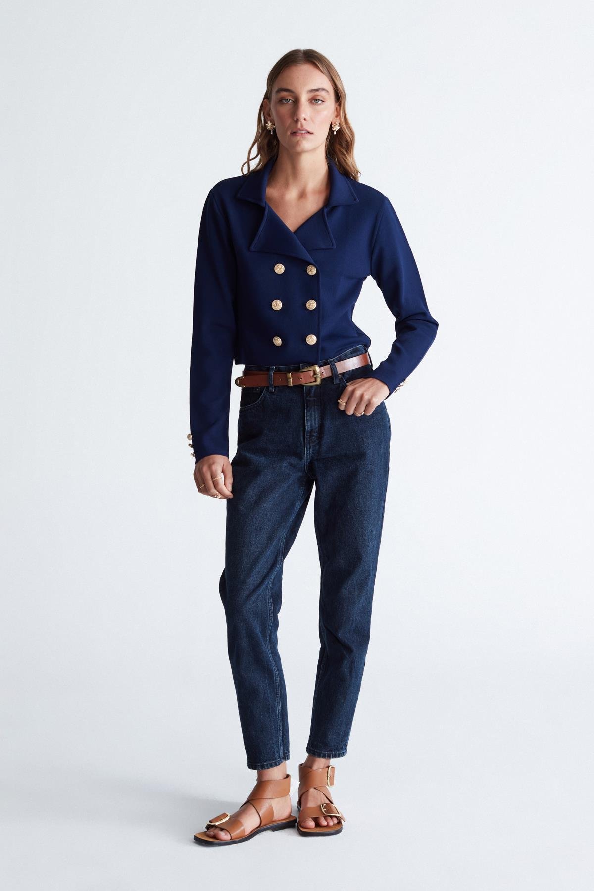 Peraluna KATHY BLAZER Çelik Örgü Crop Kruvaze Blazer Kadın Triko Ceket Lacivert