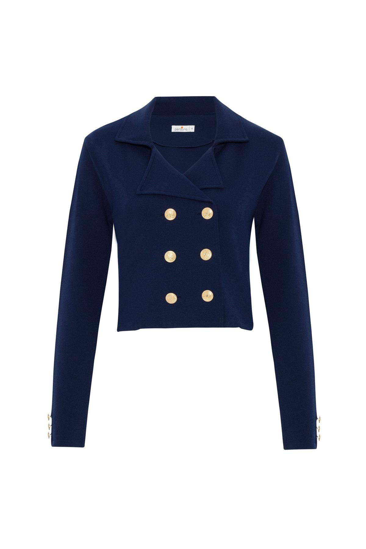 Peraluna KATHY BLAZER Çelik Örgü Crop Kruvaze Blazer Kadın Triko Ceket Lacivert