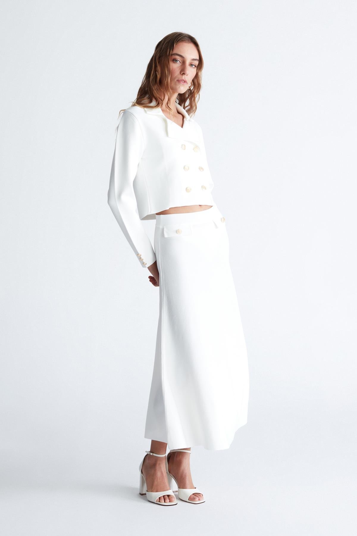 Peraluna KATHY BLAZER Çelik Örgü Crop Kruvaze Blazer Kadın Triko Ceket Ekru