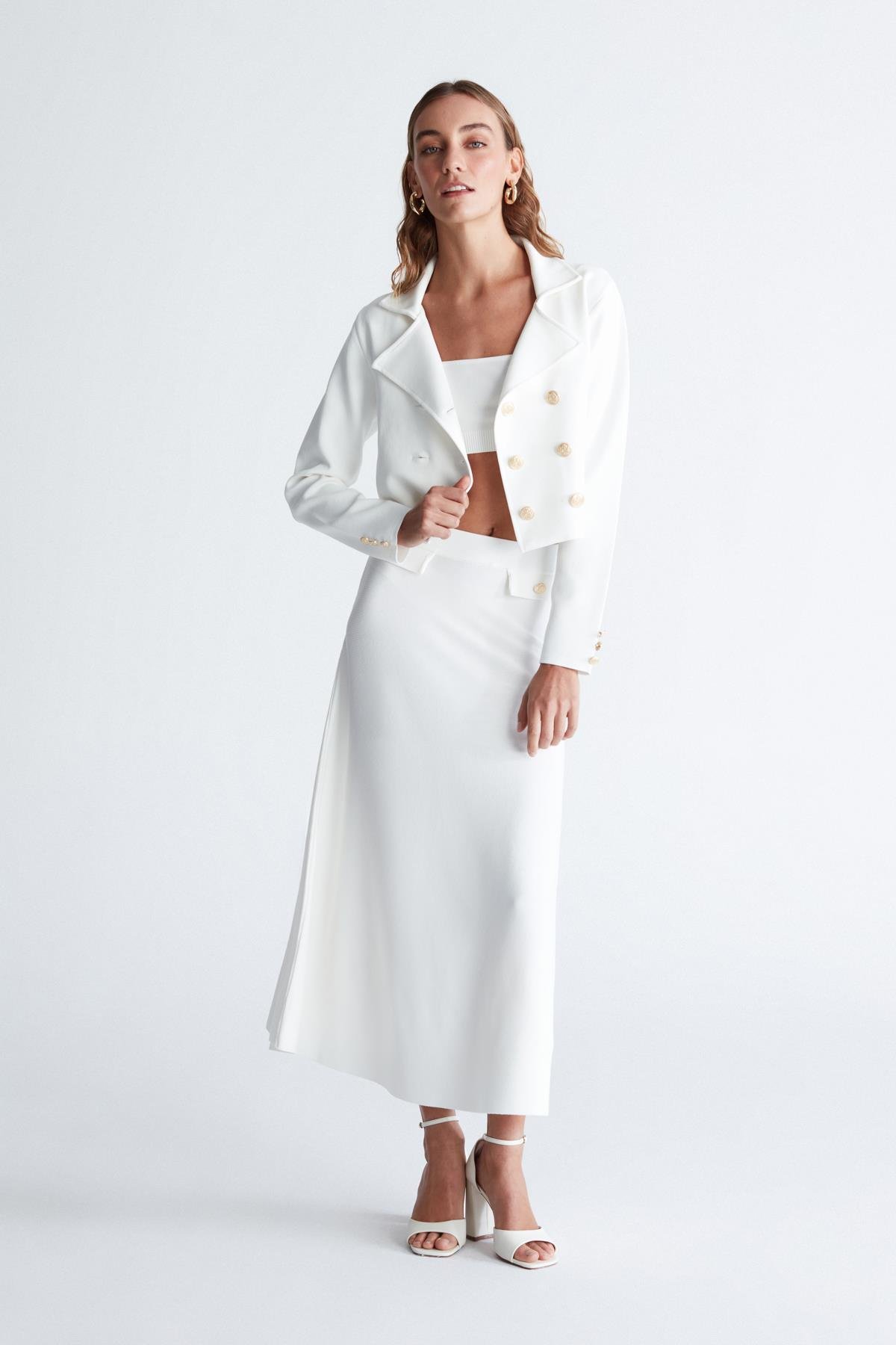 Peraluna KATHY BLAZER Çelik Örgü Crop Kruvaze Blazer Kadın Triko Ceket Ekru