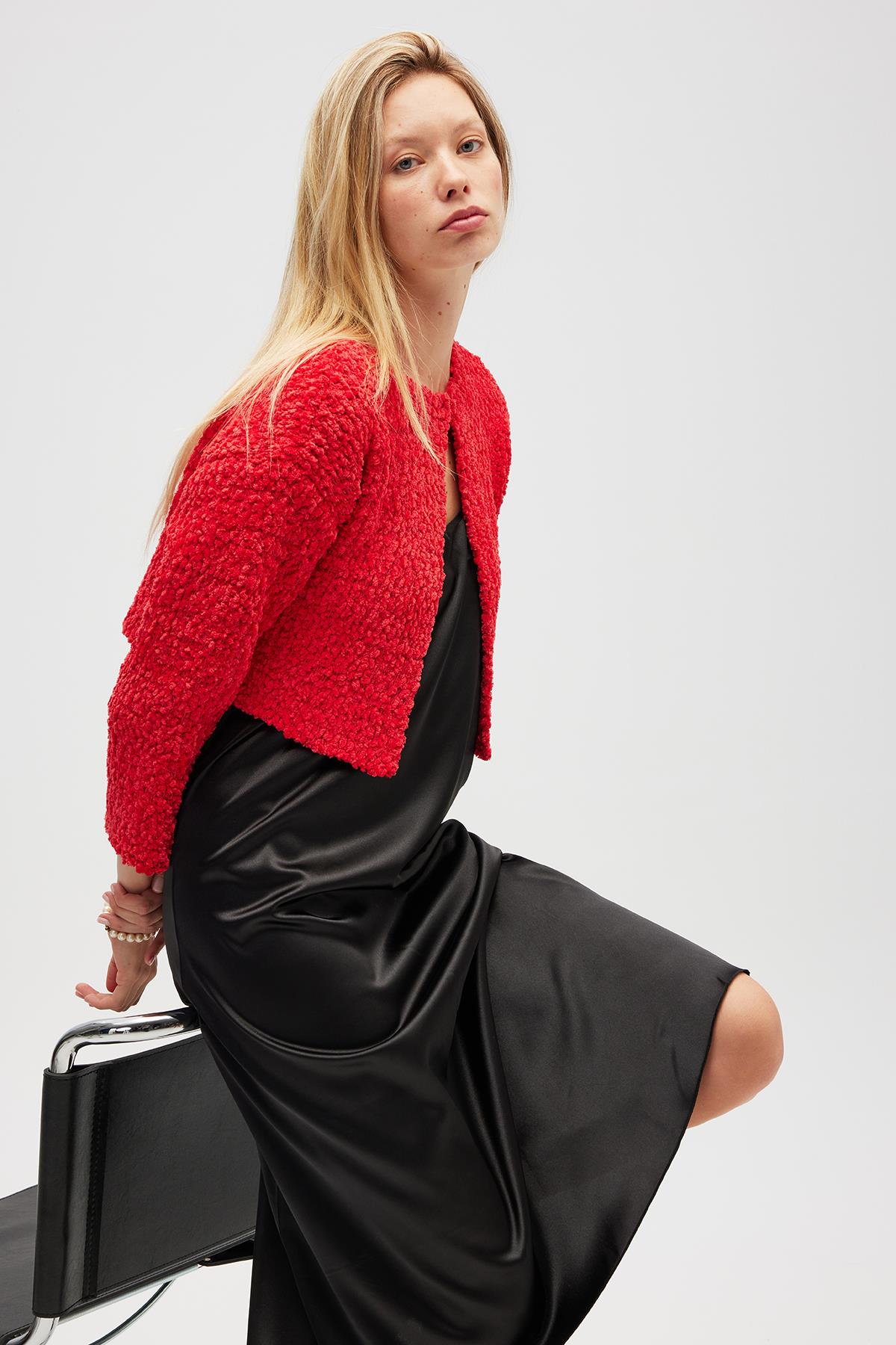 Peraluna Kayla, Düz Örgü, Kadın Kısa Triko Hırka - Kırmızı