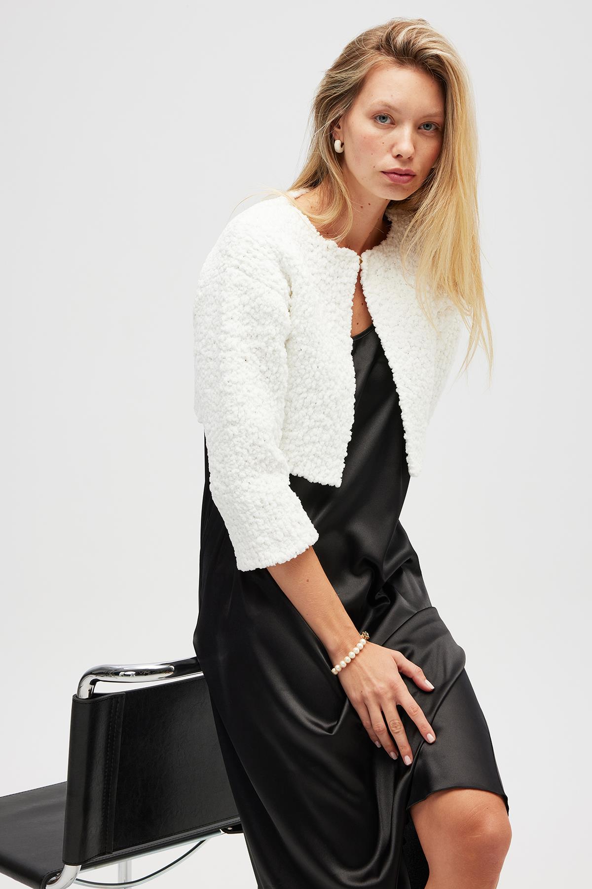 Peraluna Kayla, Düz Örgü, Kadın Kısa Triko Hırka - Ekru