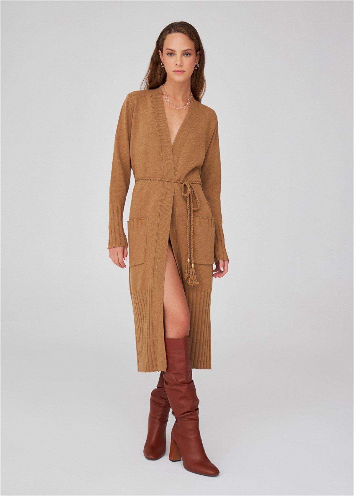 Peraluna Belted Shawl Collar Cashmere Blend Long Women's Knitwear Cardigan - Camel