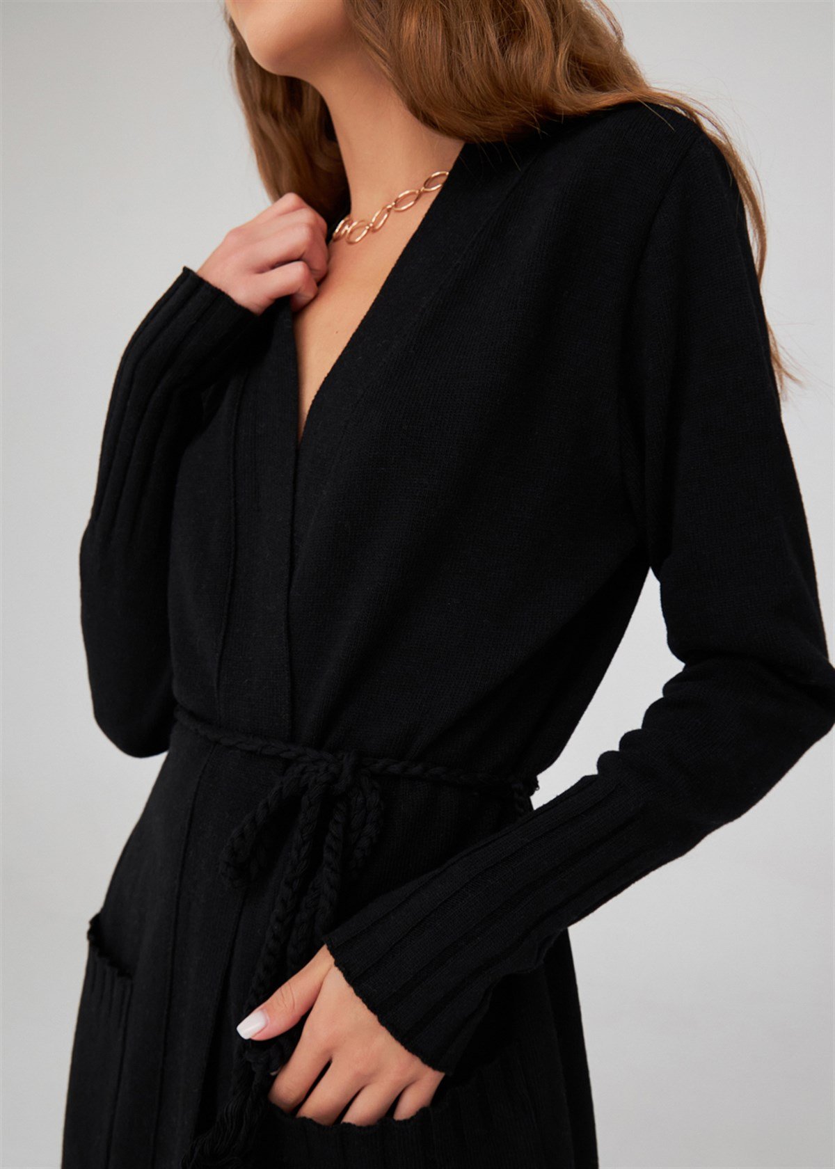 Peraluna Kemerli Şal Yaka Kaşmir Karışım Uzun Kadın Triko Hırka Siyah