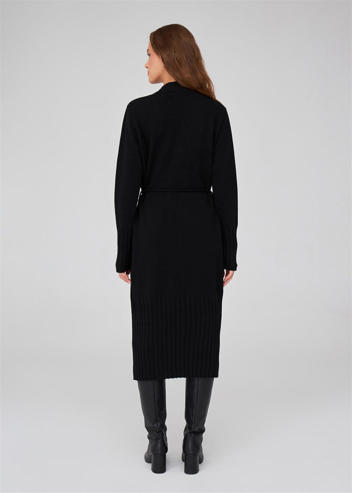 Peraluna Kemerli Şal Yaka Kaşmir Karışım Uzun Kadın Triko Hırka Siyah
